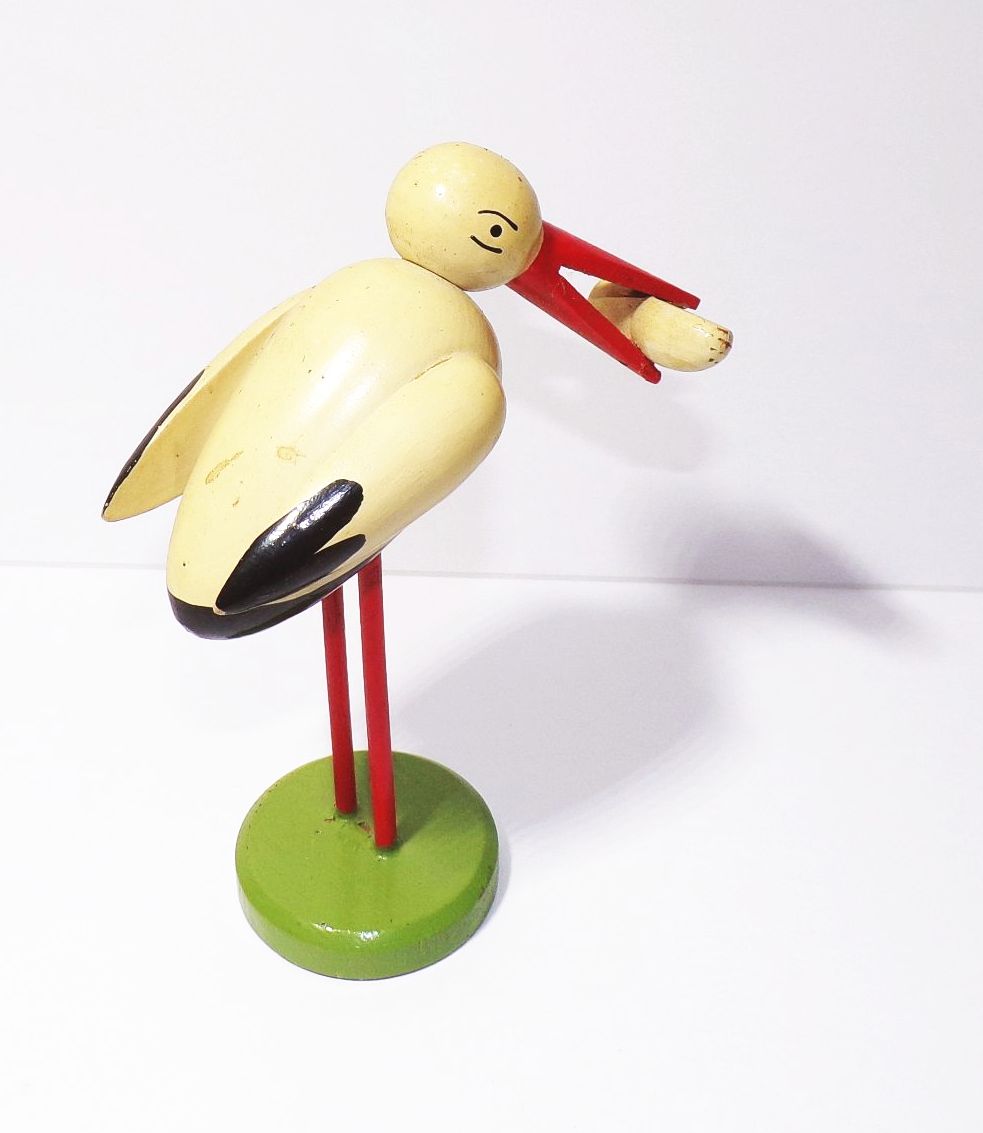 Alter Erzgebirge Klapperstorch Figur Storch Baby 