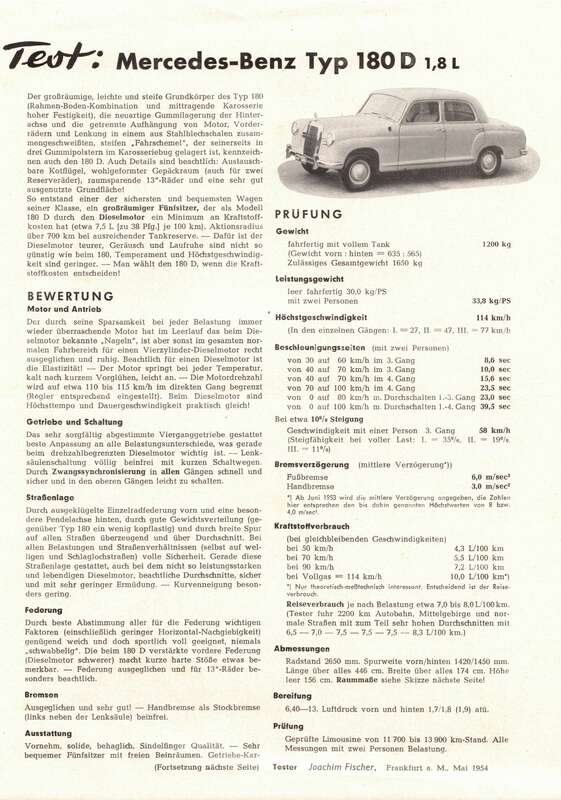 Werbeblatt Mercedes Benz Typ 180 D Sonderdruck aus Heft 12  1954