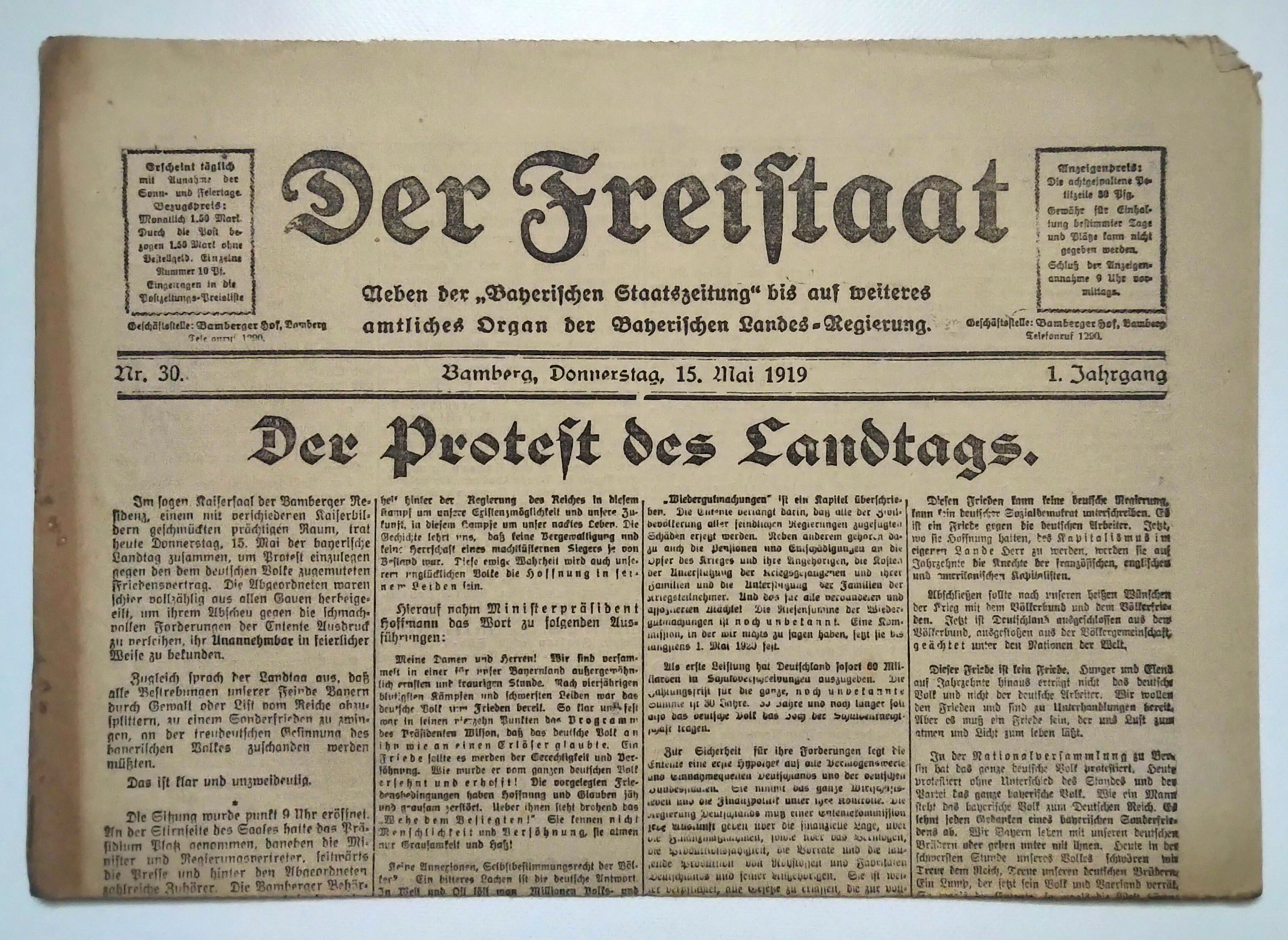 Der Freistaat alte Zeitung 1919 Nr 30 Der Protest des Landtages