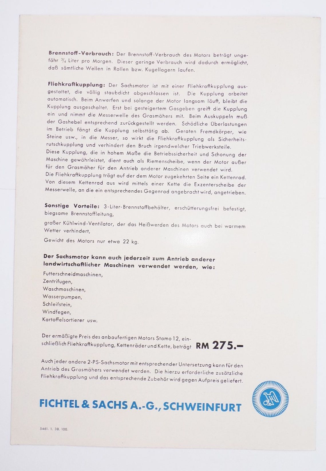 Fichtel Sachs Schweinfurt Prospekt Sachs Motor für jeden Mäher 1938