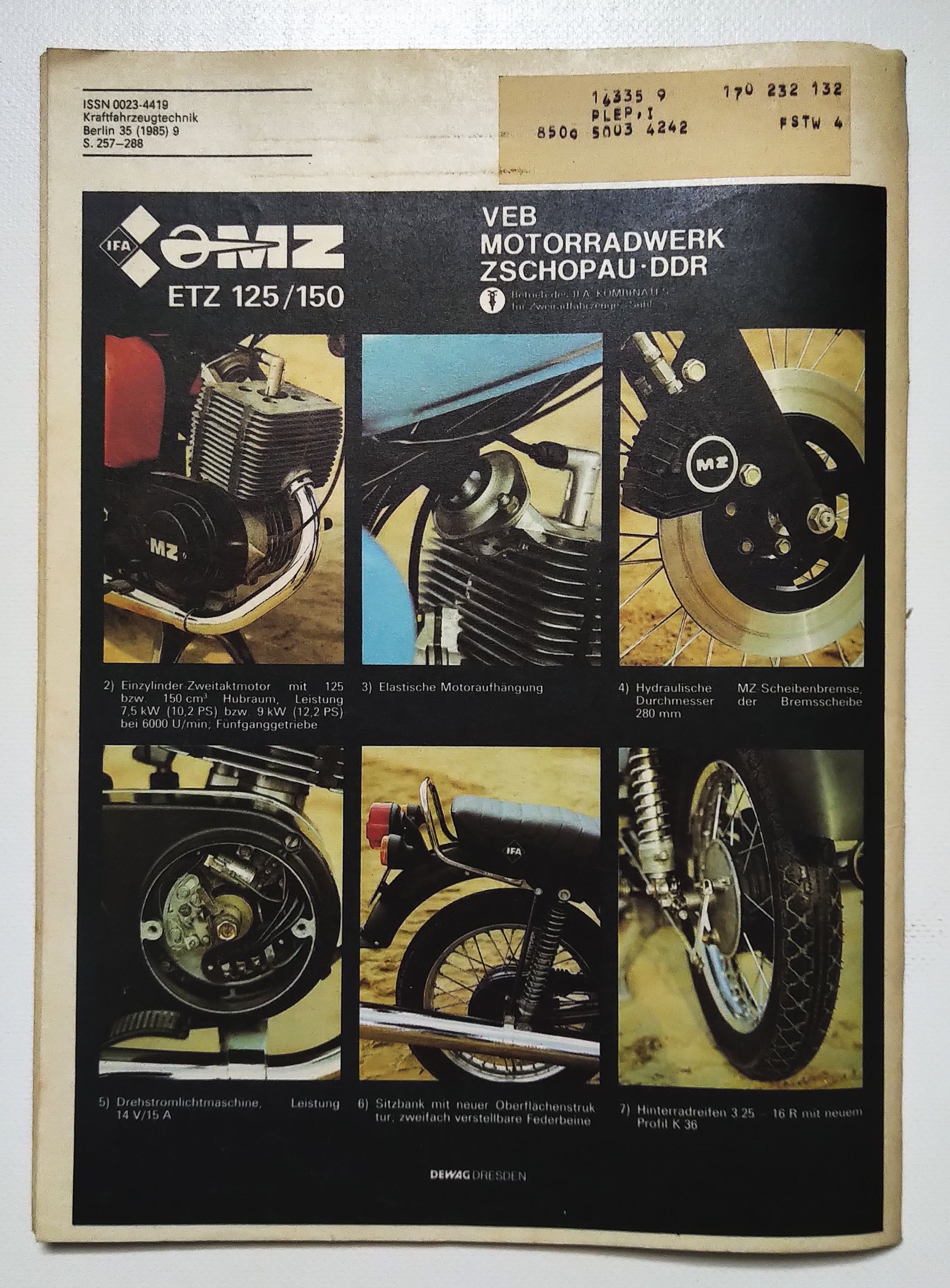 KFT Kraftfahrzeugtechnik Zeitschrift Nr 9 Die neue aus Zschopau OMZ ETZ 125 KFT Kraftfahrzeugtechnik Zeitschrift Nr 9 Die neue aus Zschopau OMZ ETZ 125