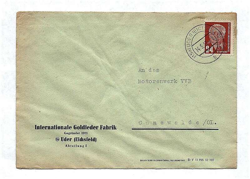 Internationale Goldfeder Fabrik Uder Eichsfeld 1952 Brief