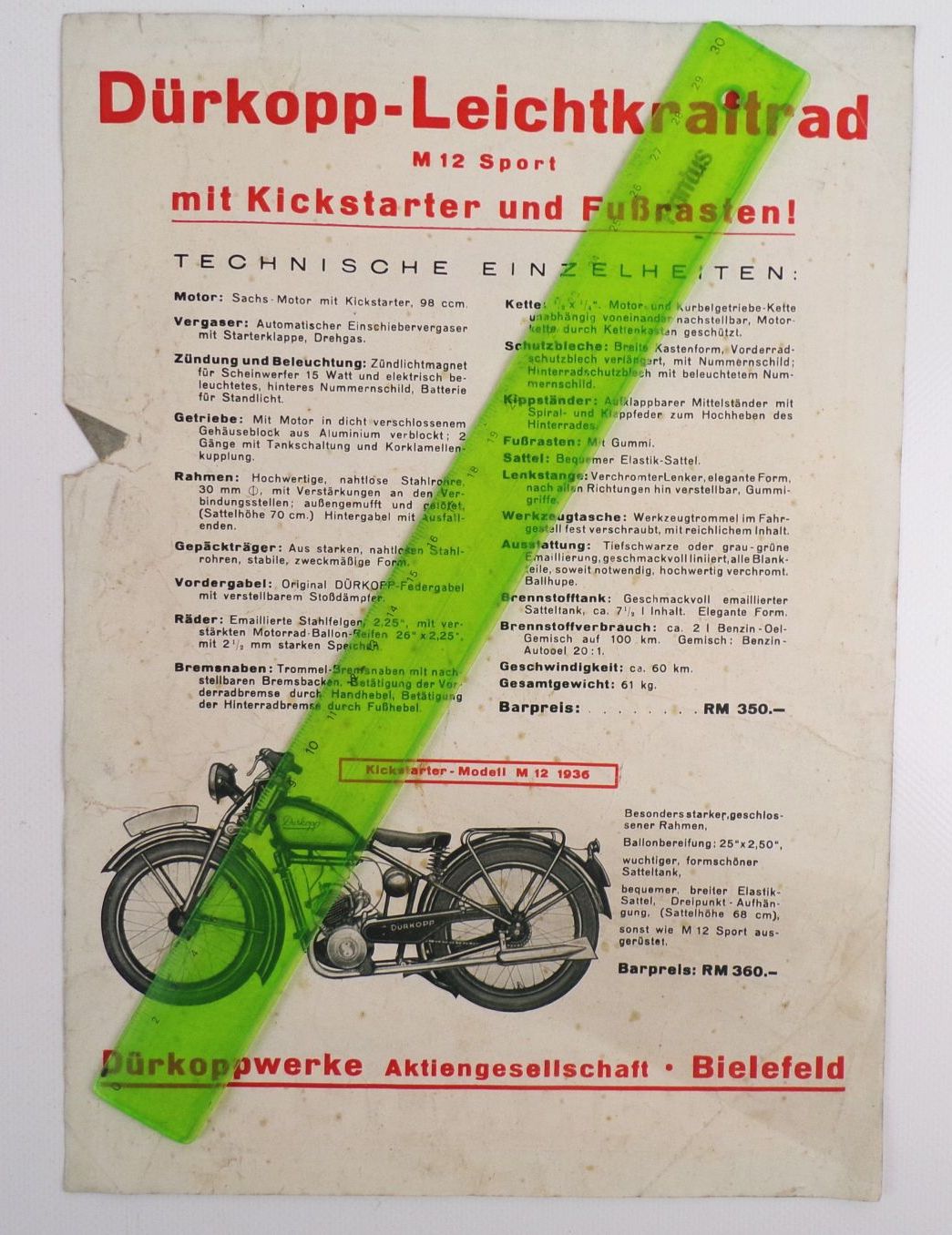 Reklame Blatt Kickstarter Maschine Dürkopp M12 Sport Motorrad 1930 er