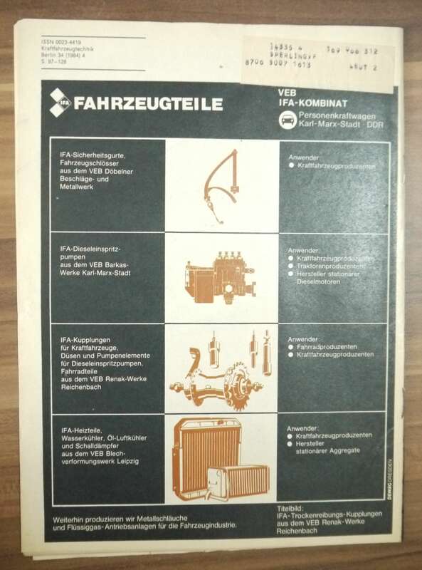 April 1984 Kraftfahrzeugtechnik IFA Fahrzeugteile Thema Kraftstoffeinsparung WAS 2108