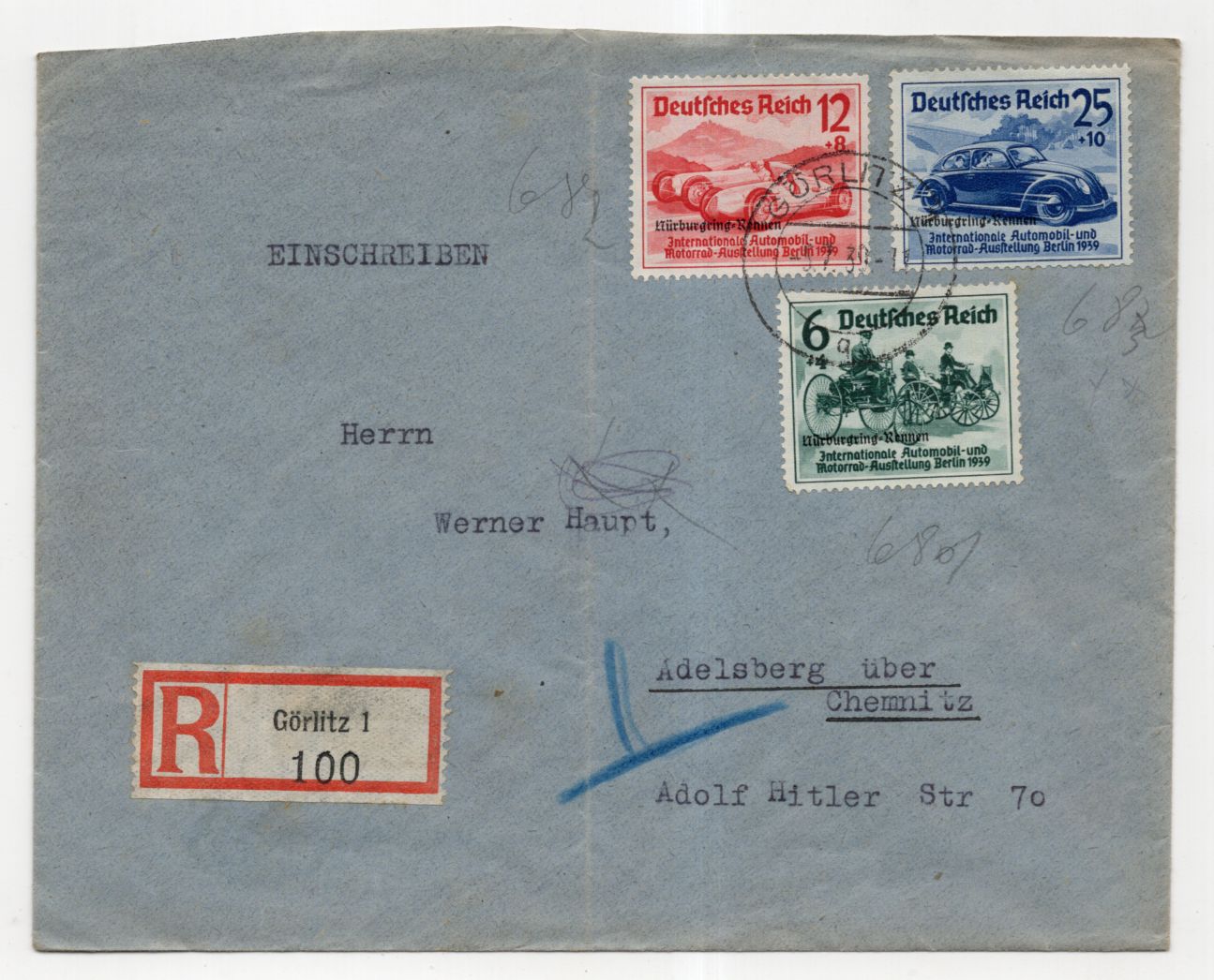 R Brief Görlitz DR Michel Nr 695 bis 697 Nürburgring Rennen Satz