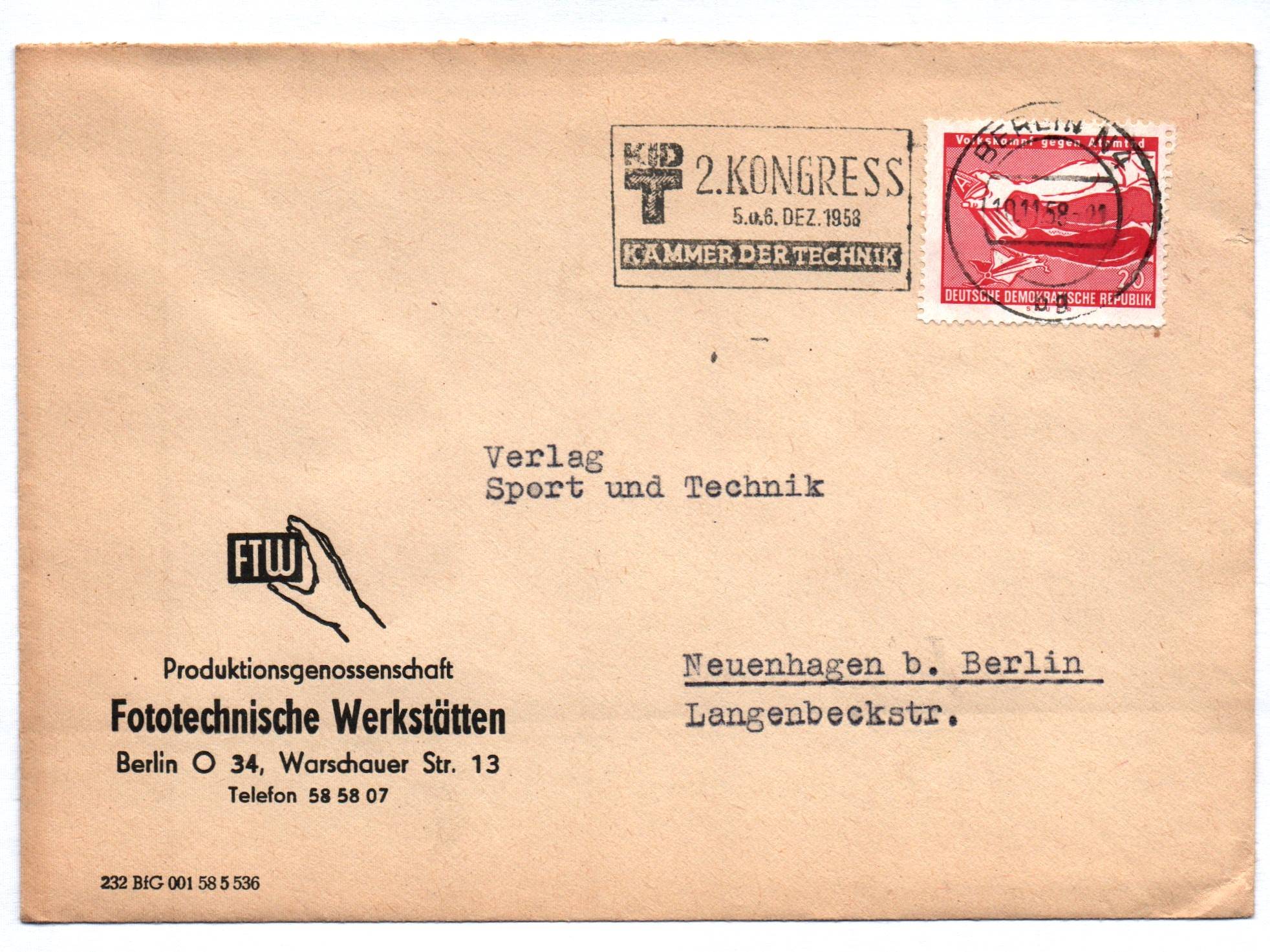 Brief FTW Fototechnische Werkstätten DDR Berlin 1958