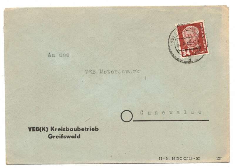 Brief 1953 VEB K Kreisbaubetrieb Greifswald DDR