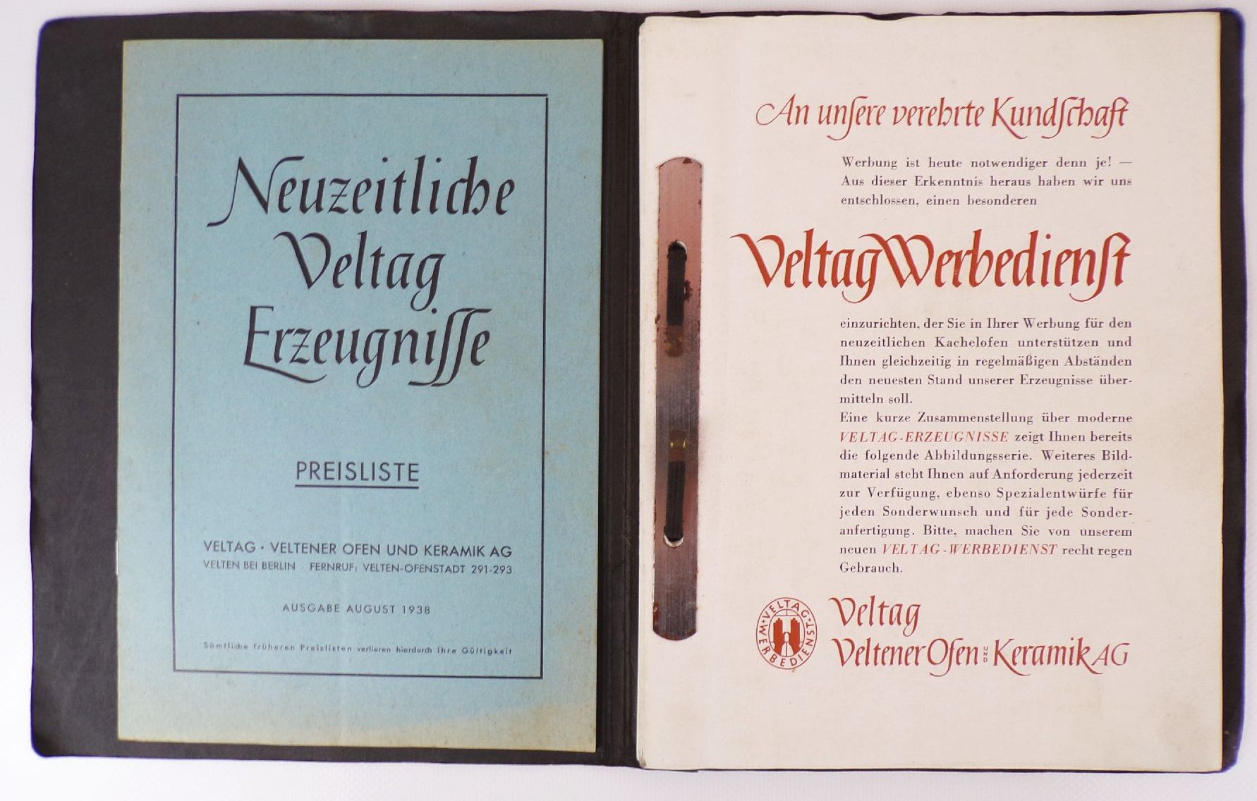 Alter Katalog Veltag Veltener Ofen Keramik AG 1938 Kachelöfen Musterbuch