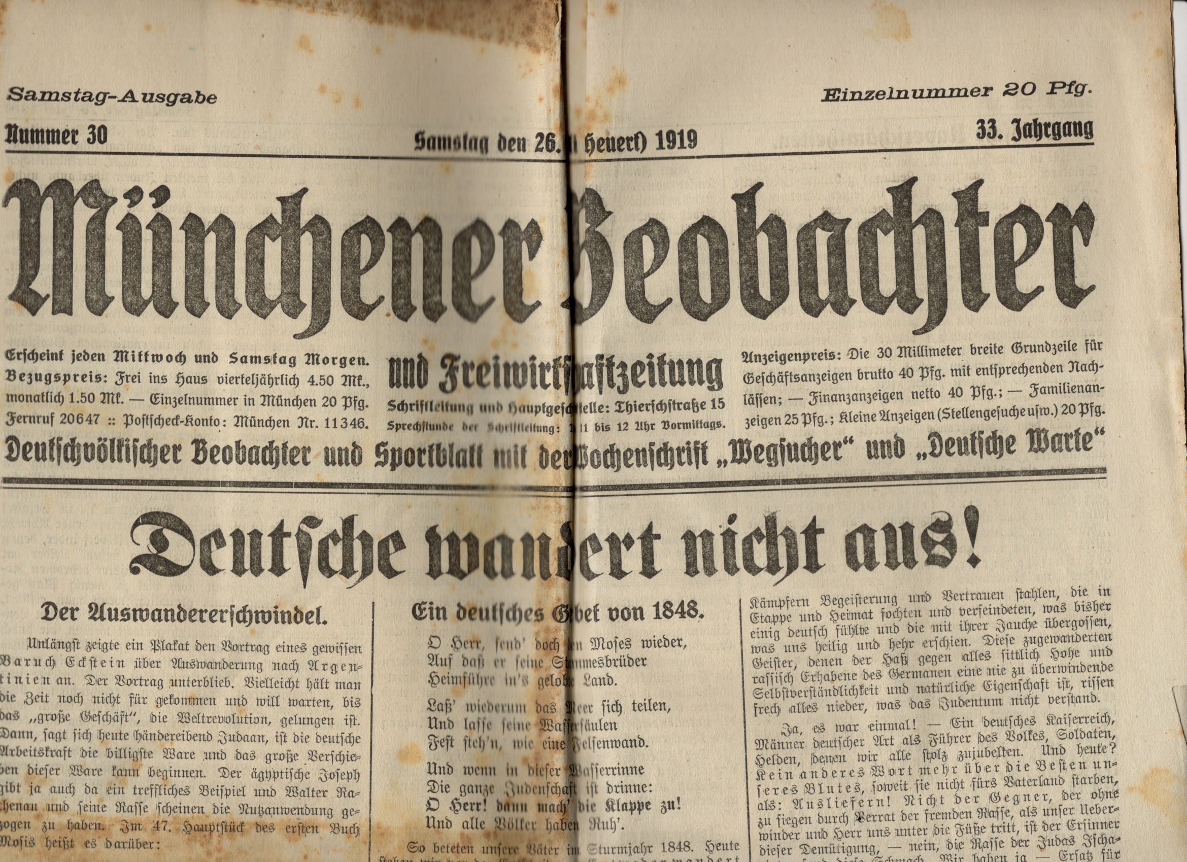 Münchner Beobachter 1919 Nummer 30 Freiwirtschaftszeitung 