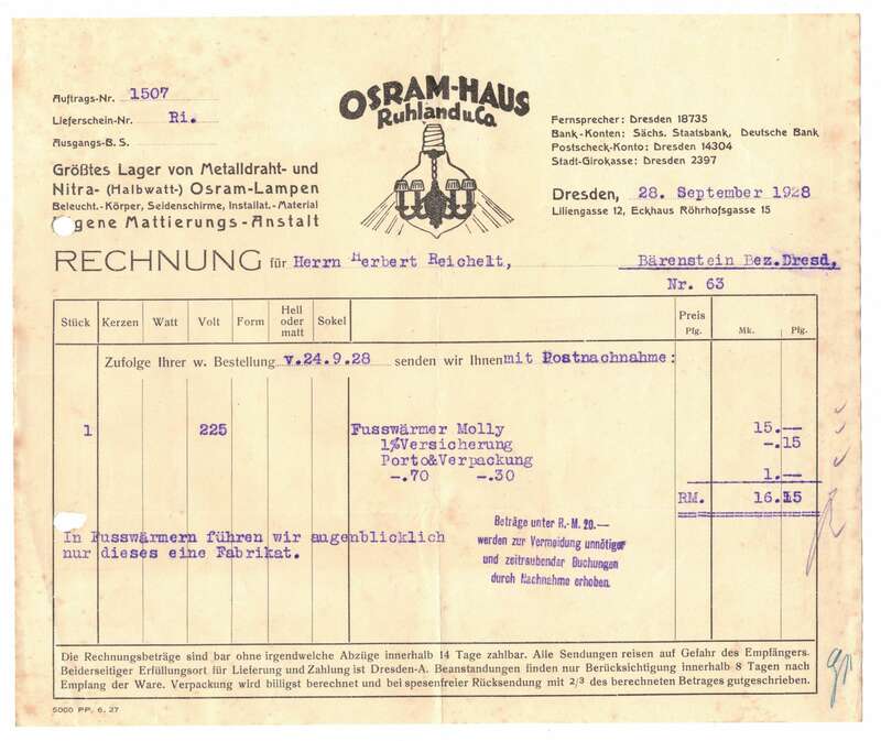 2 Rechnungen 1 Postkarte Osram Haus Ruhland u. Co. Dresden 1928