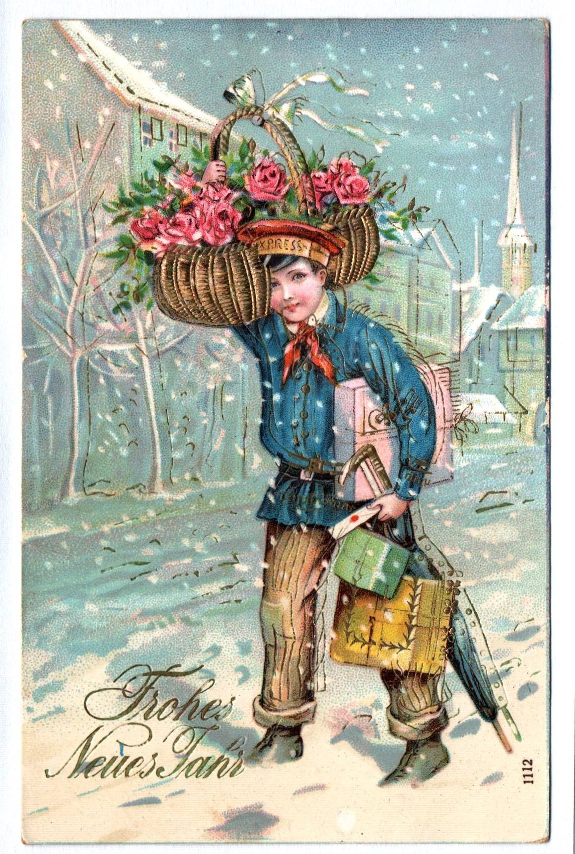 Künstler Ak Junge mit Blumenkorb im Schnee Frohes Neues Jahr geprägt Künstler Ak Junge mit Blumenkorb im Schnee Frohes Neues Jahr geprägt