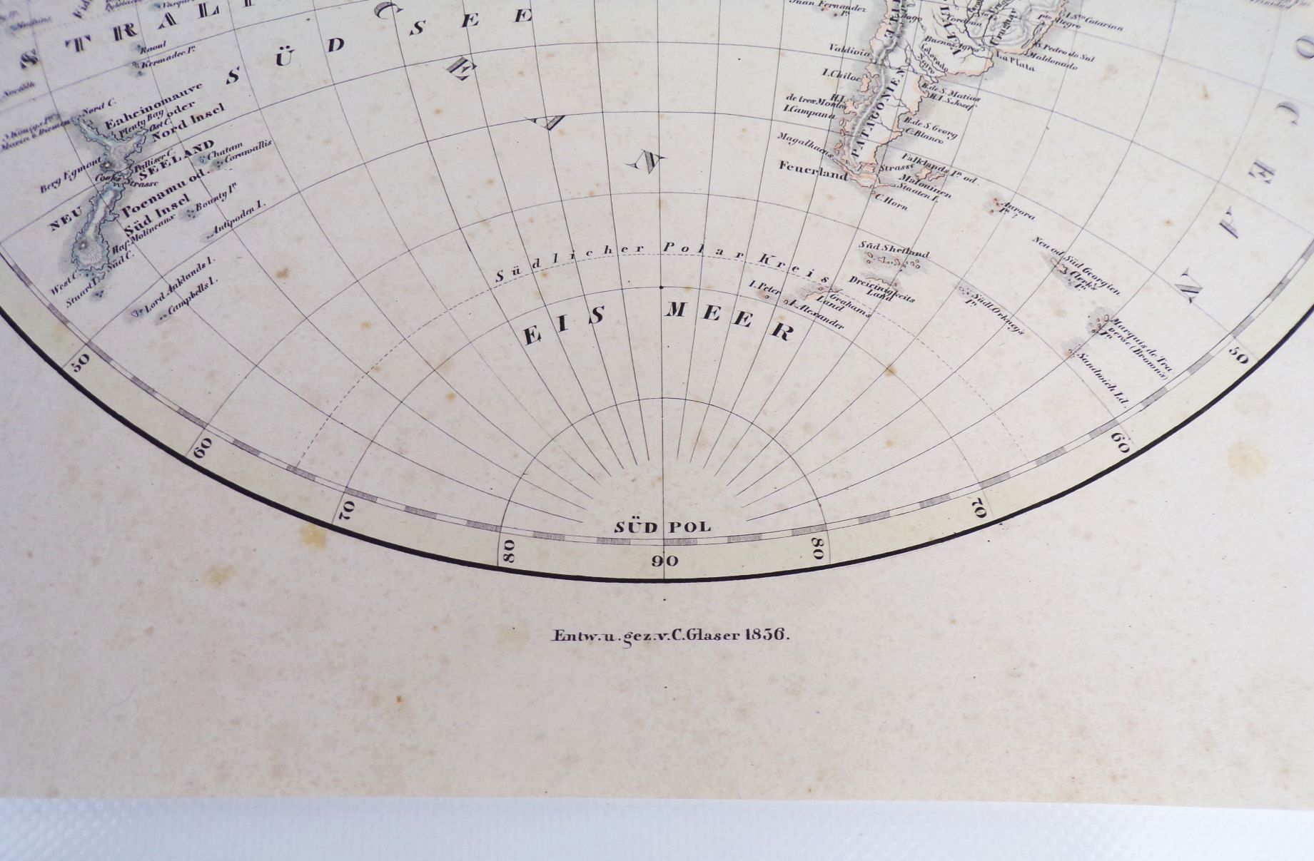 Westliche Halbkugel Glaser Atlas 1836 Stahlstich koloriert Druck