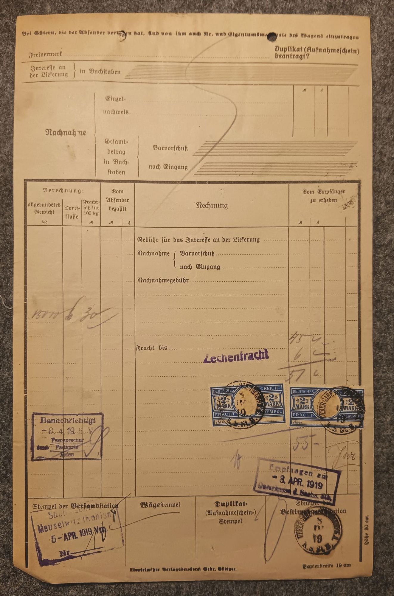 Braunkohlen Aktiengesellschaft Meuselwitz nach Schmölln Frachtbrief mit Marken 1919