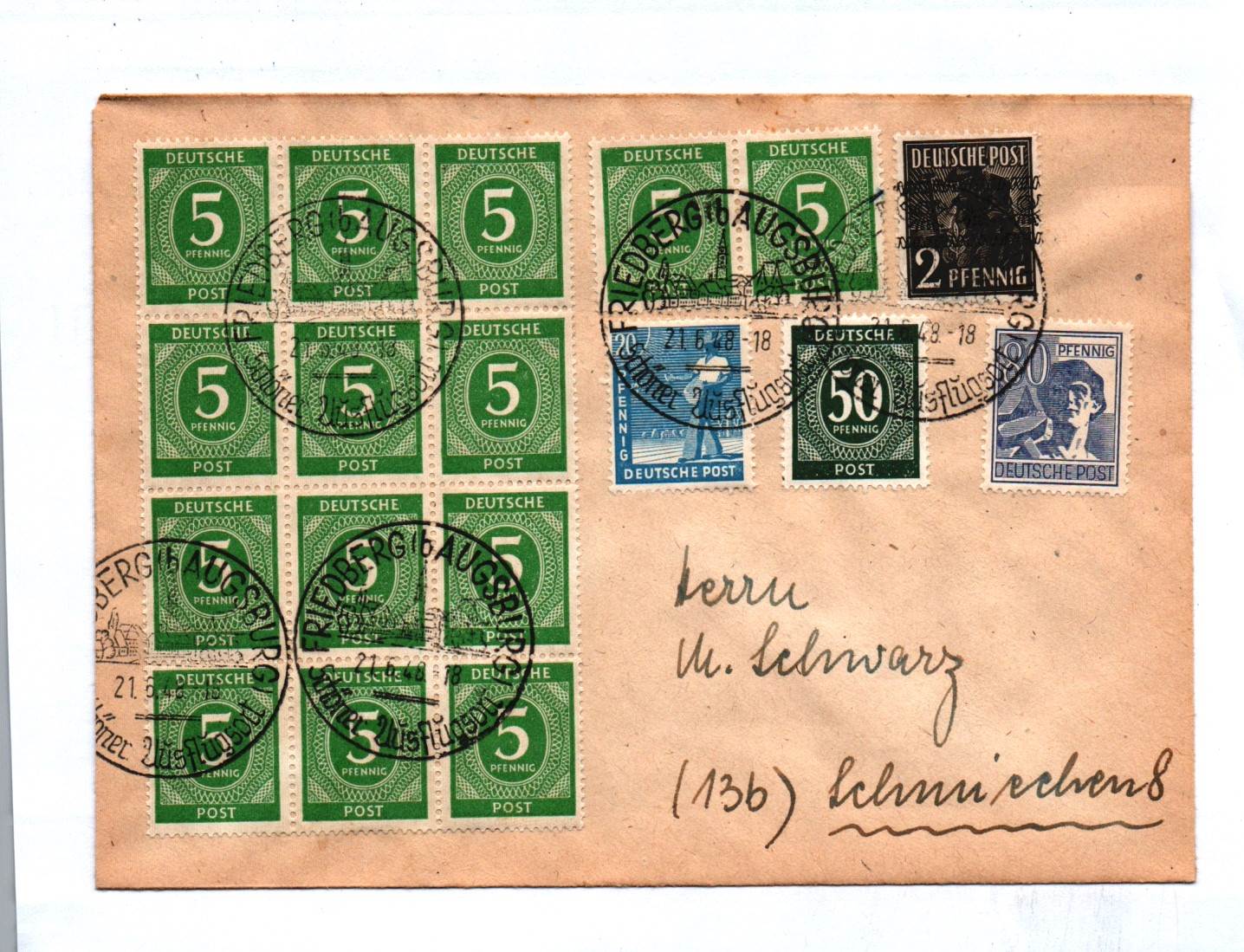 Brief Bizone 1948 Friedberg Augsburg Bayern Mischfrankatur