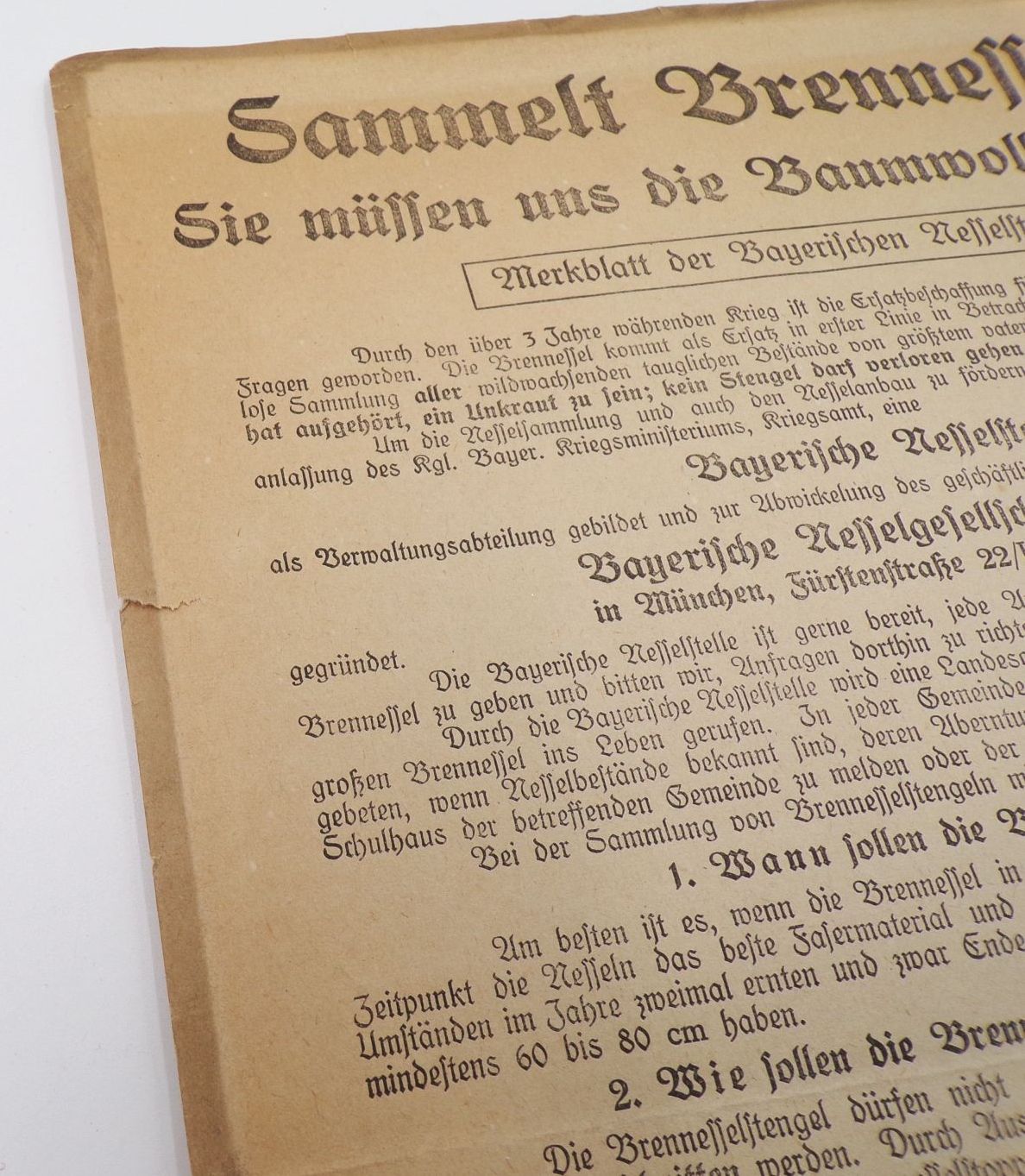 Aushang Flugblatt Sammelt Brennnessel Baumwolle ersetzen 1 Wk WW1