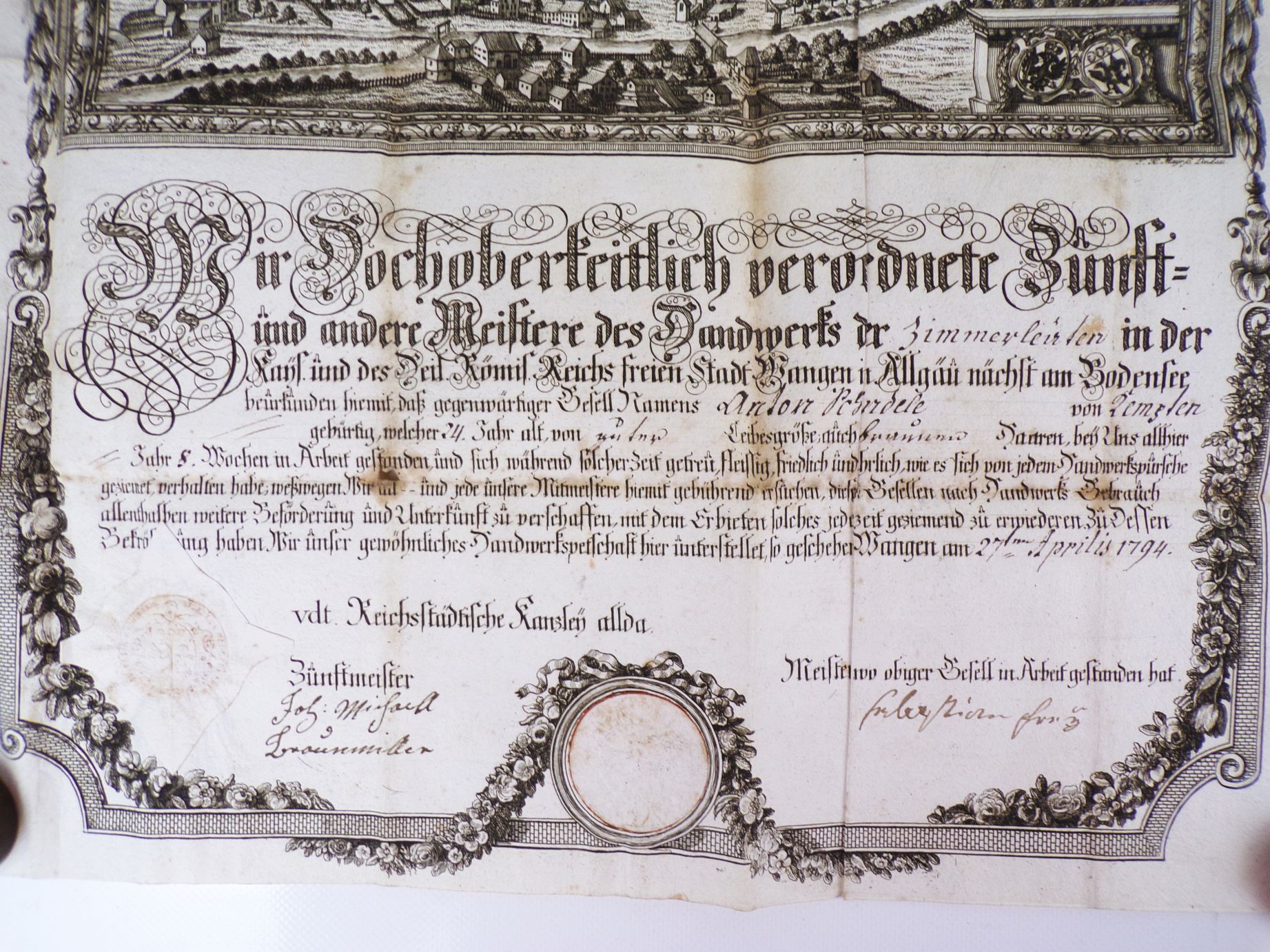 Uralter Gesellenbrief Zimmermann 1794 Wangen Allgäu Kupferstich