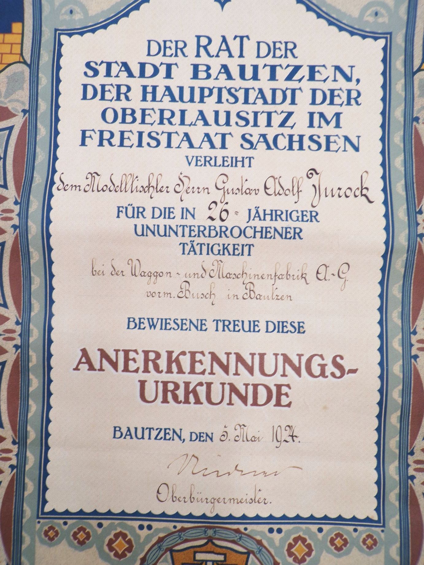 Urkunde Waggonbau Busch Bautzen 1924 Urkunde Waggonbau Busch Bautzen 1924