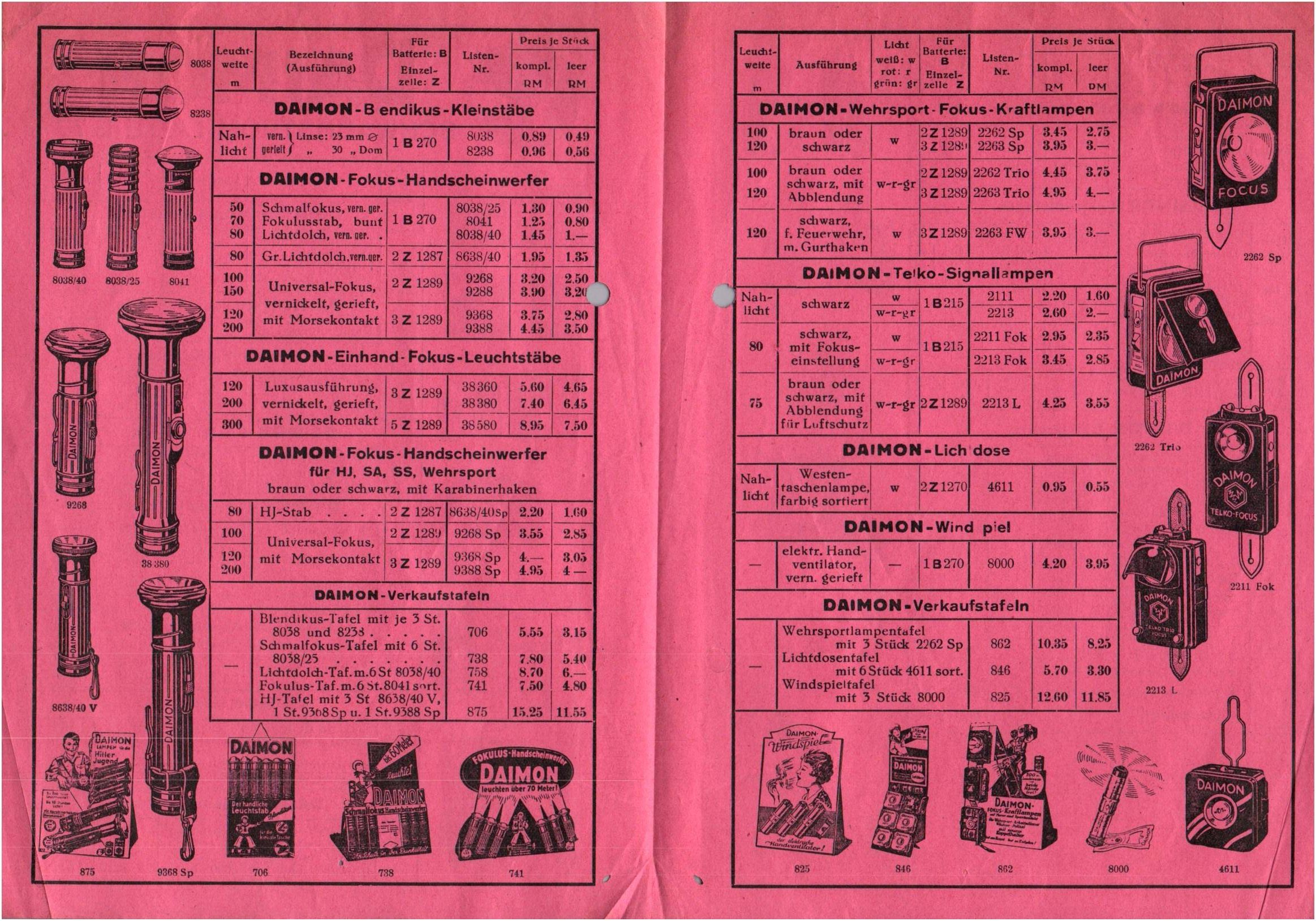 Daimon Werbe Prospekt Faltblatt Schwachstrom Batterie Taschenlampe Scheinwerfer 