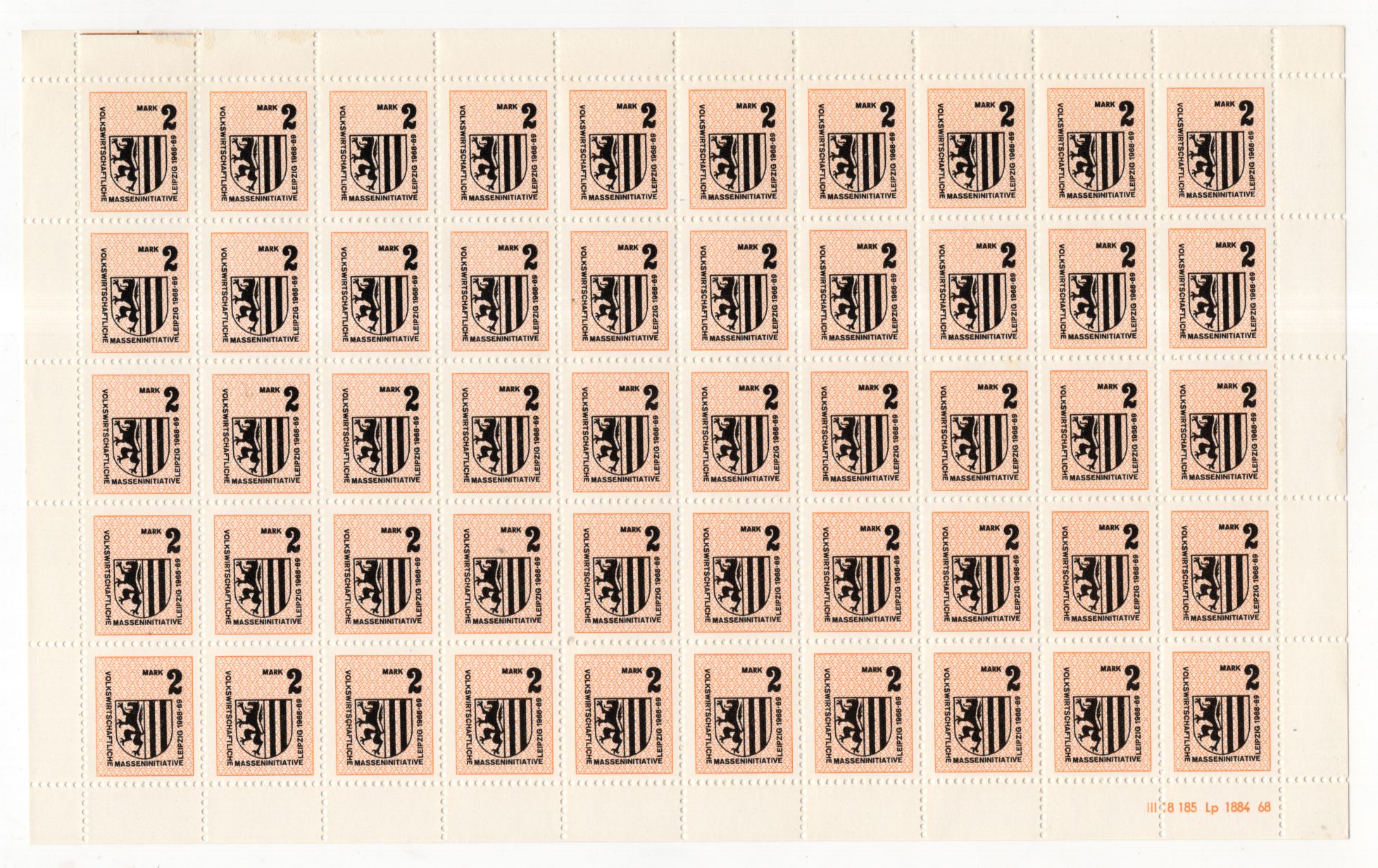 Bogen Volkswirtschaftliche Masseninitiative 2 Mark Leipzig 1968 1969 Druckvermerk 