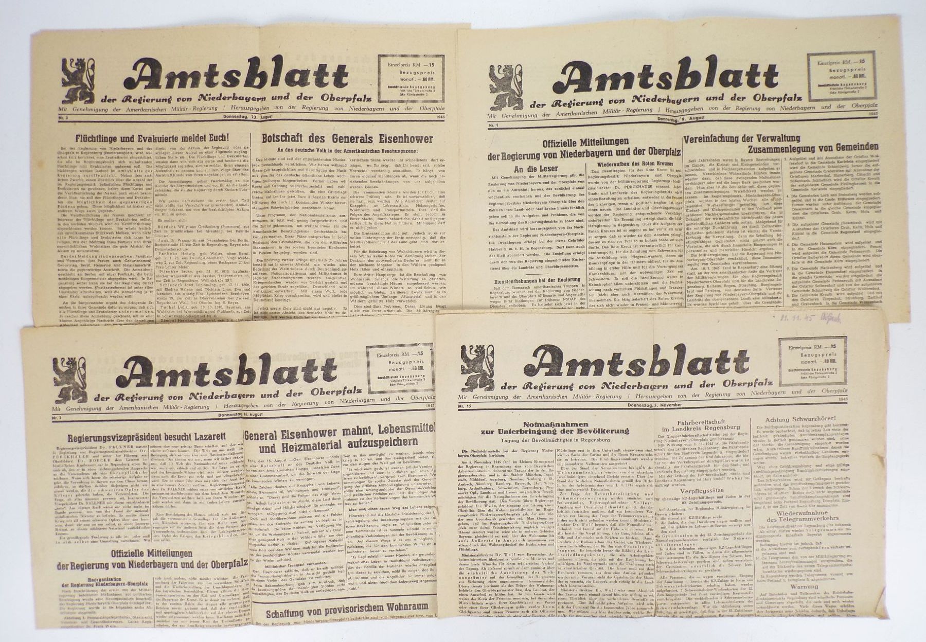 Amtsblatt August 1945 Niederbayern Oberpfalz Zeitzeugnis 4 x Zeitungen