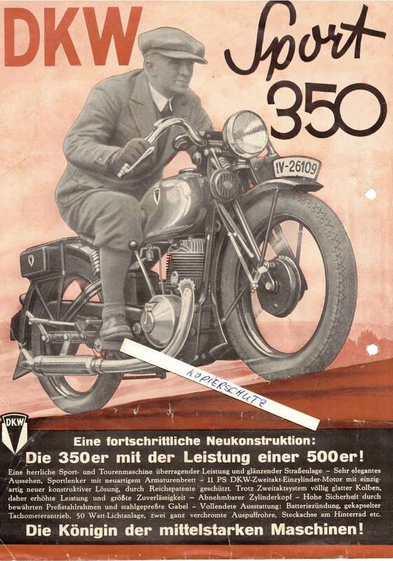 Altes Werbeblatt Autounion DKW Sport 350 Motorrad Oldtimer 1930er Print Sammler Vintage