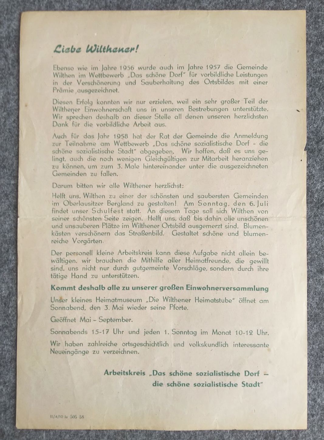Flugblatt 1958 Wilthen ruft Das schöne sozialistische Dorf Flugblatt 1958 Wilthen ruft Das schöne sozialistische Dorf