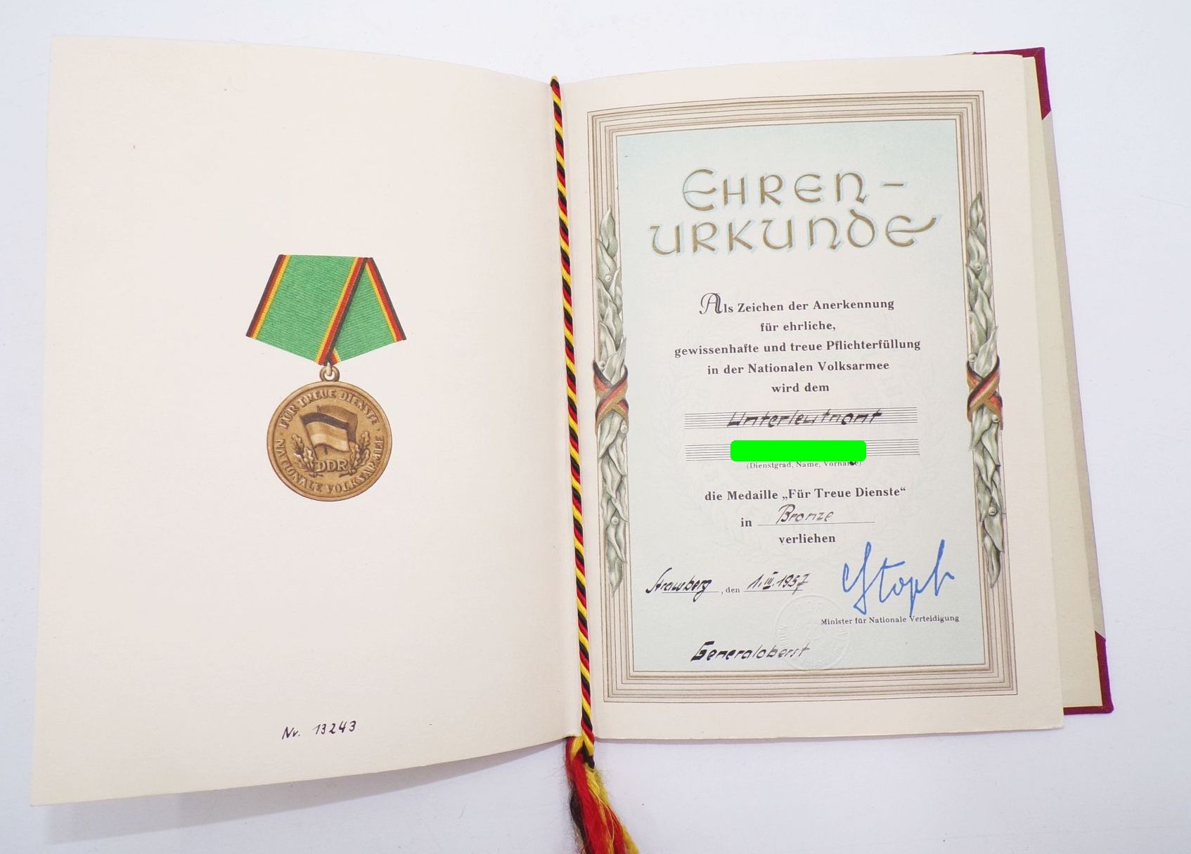 Urkunde Volksarmee Medaille Treue Dienste 1957 DDR NVA