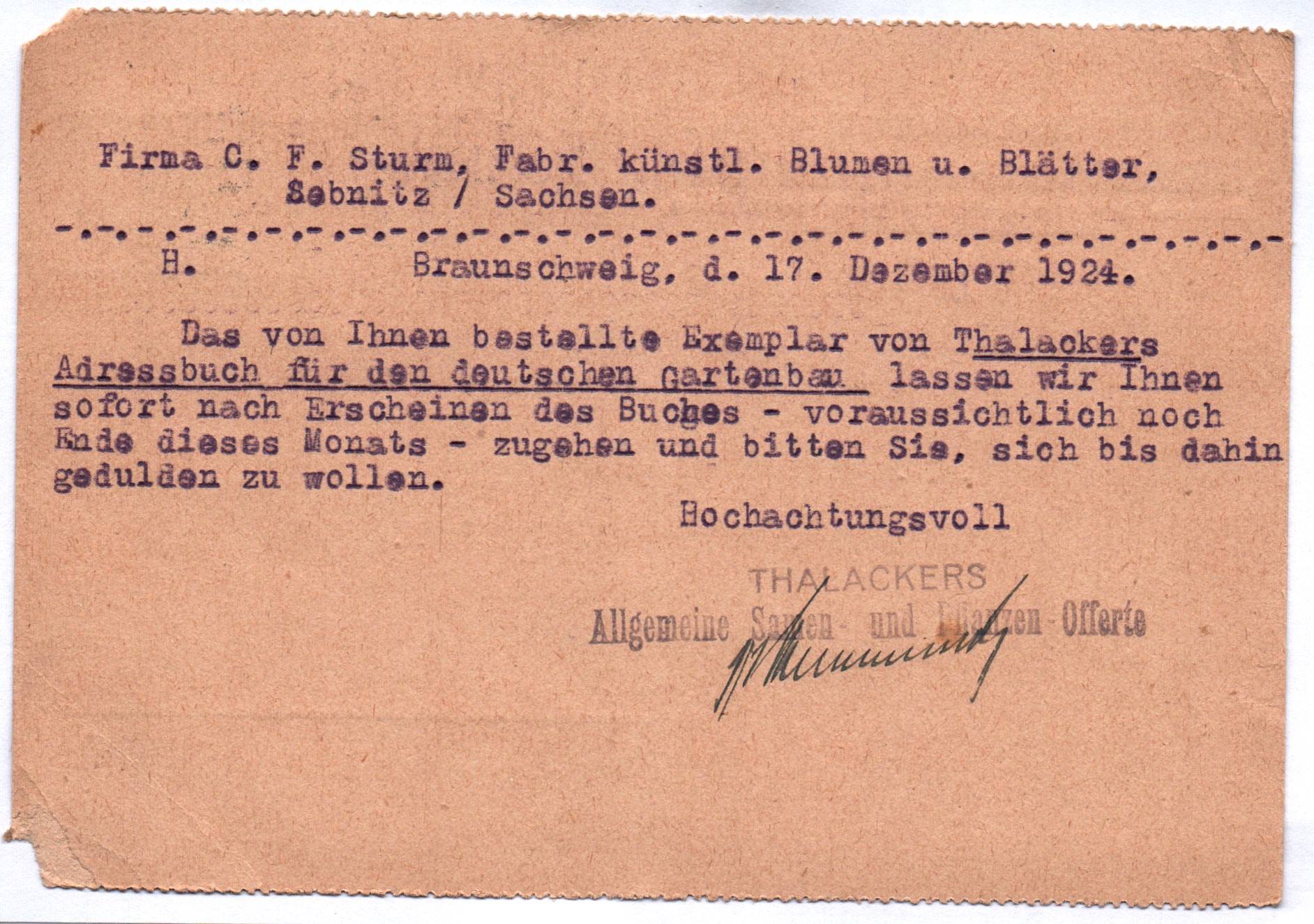 Postkarte Thalackers Allgemeine Samen und Pflanzen Offerte Braunschweig 1924 Postkarte Thalackers Allgemeine Samen und Pflanzen Offerte Braunschweig 1924