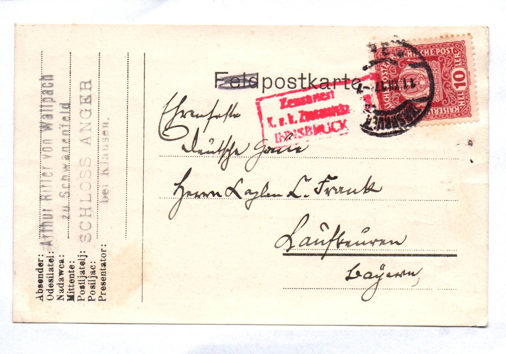 Postkarte Zensur kuk Innsbruck Arthur Ritter von Wallpach Autograph