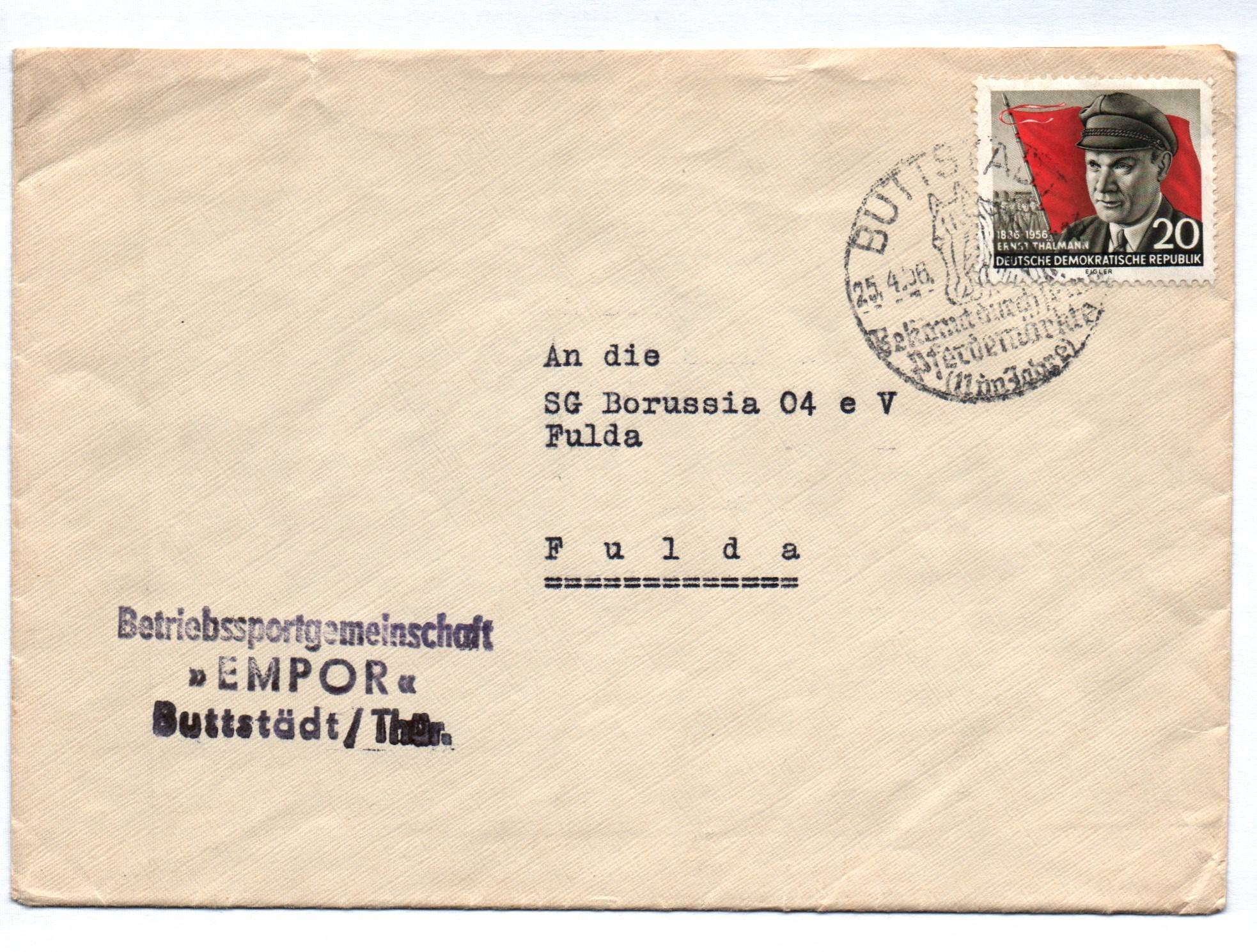 Brief Betriebssportgemeinschaft Empor Buttstädt 1956