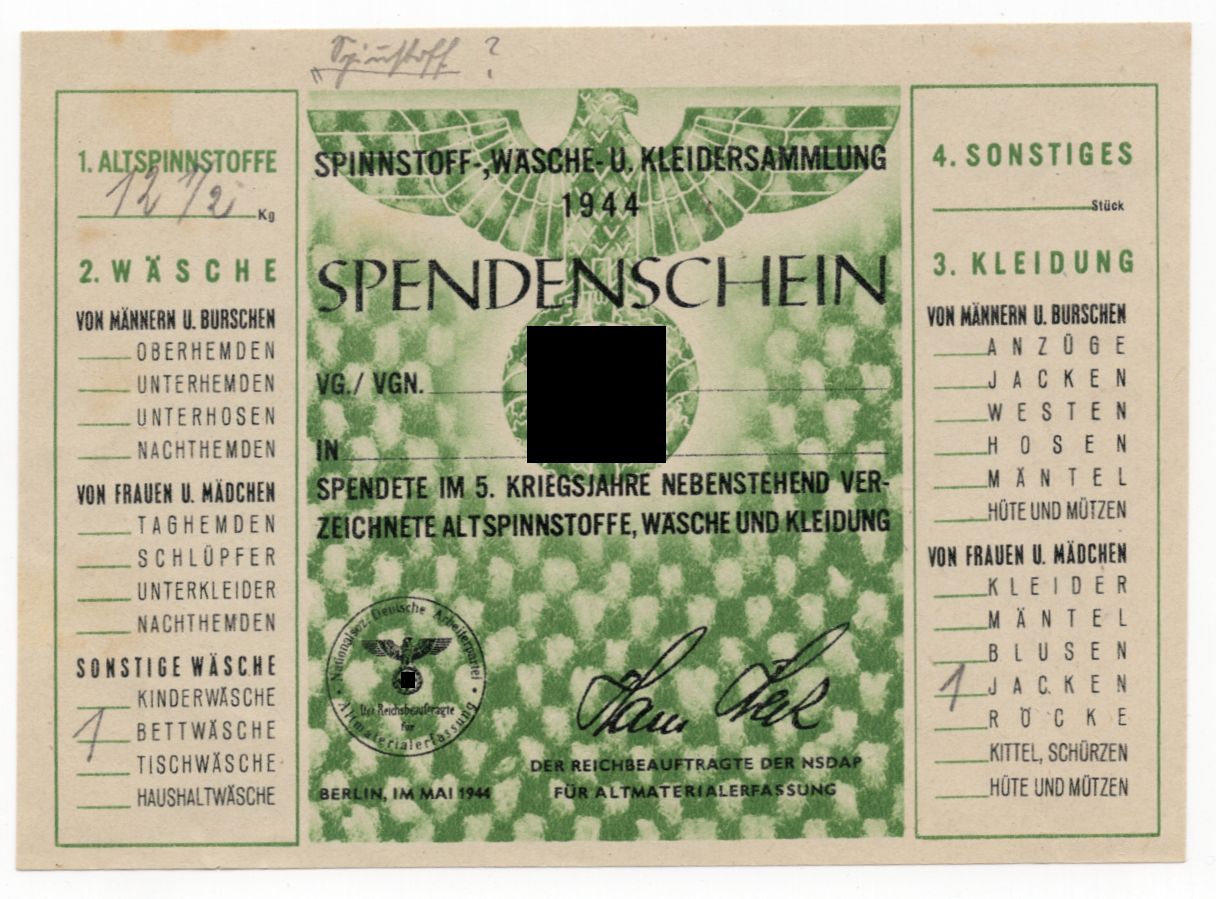 Spendenschein 1955 Spinnstoff Wäsche und Kleidersammlung 