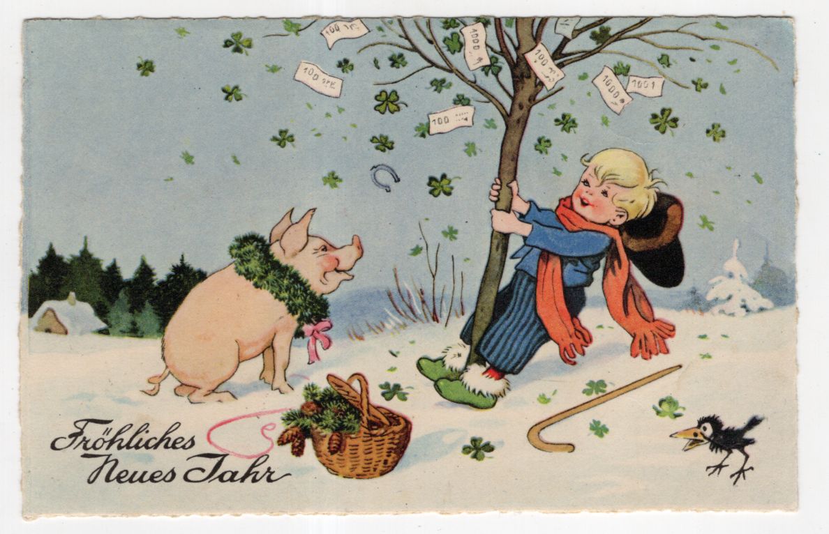Ak Bube schüttelt das Geld Bäumchen Glücksschwein Fritz Baumgarten 