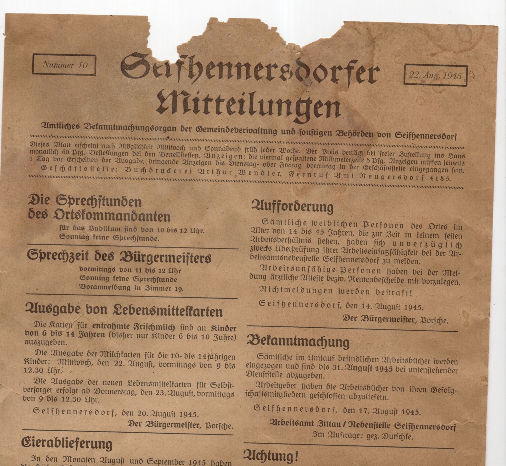 Seifhennersdorf Mitteilungen 1945 Bekanntmachungen 1 bis 11 selten Seifhennersdorf Mitteilungen 1945 Bekanntmachungen 1 bis 11 selten