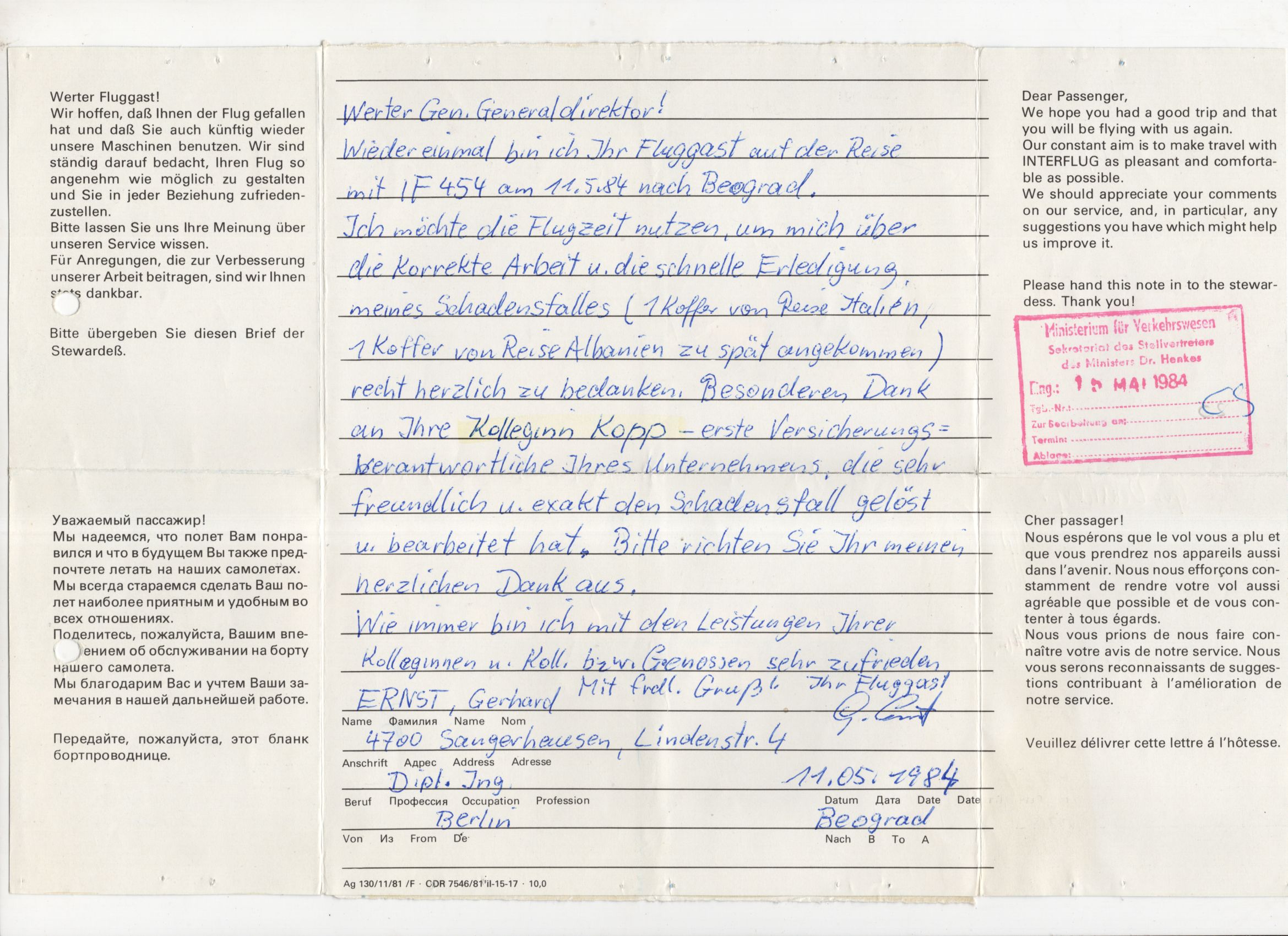 Interflug Brief Kritik Meinung 1984 Ministerium für Verkehrswesen 