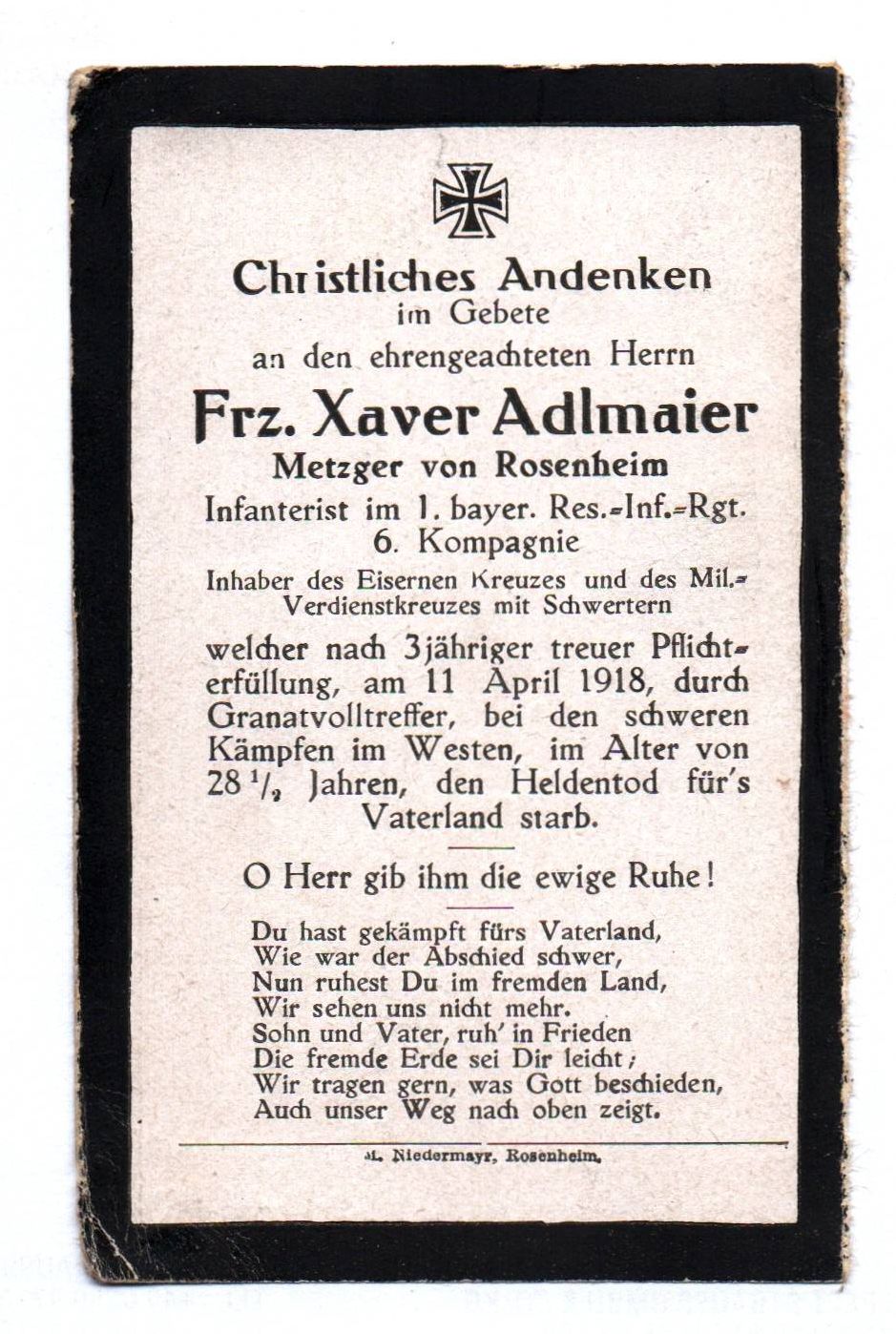 Sterbebild 1 Wk Metzer Rosenheim 1 bayer RIR schwere Kämpfe Westfront Sterbebild 1 Wk Metzer Rosenheim 1 bayer RIR schwere Kämpfe Westfront