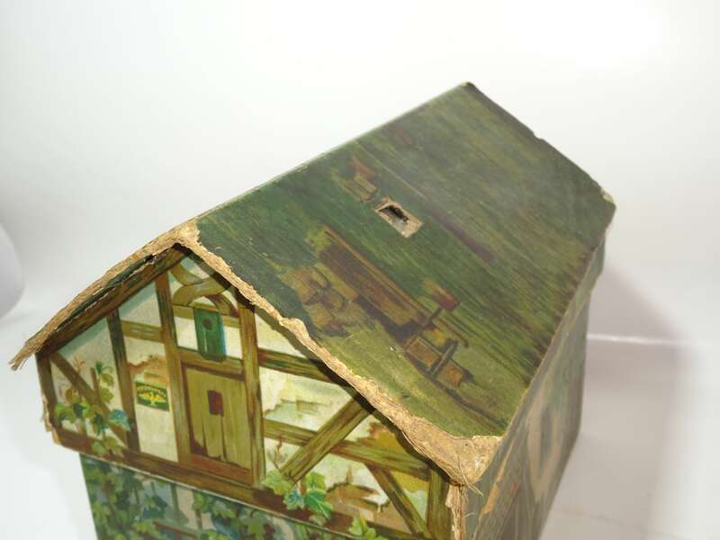 Uralte Pappdose Haus Schatulle lithografiert um 1890 Behälter Deko 