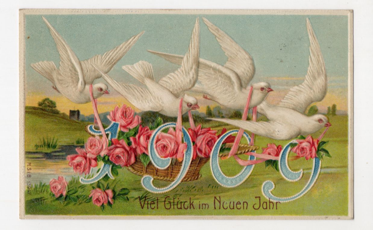 Geprägte Litho Ak Tauben bringen Rosen Korb und Neujahr 1909 