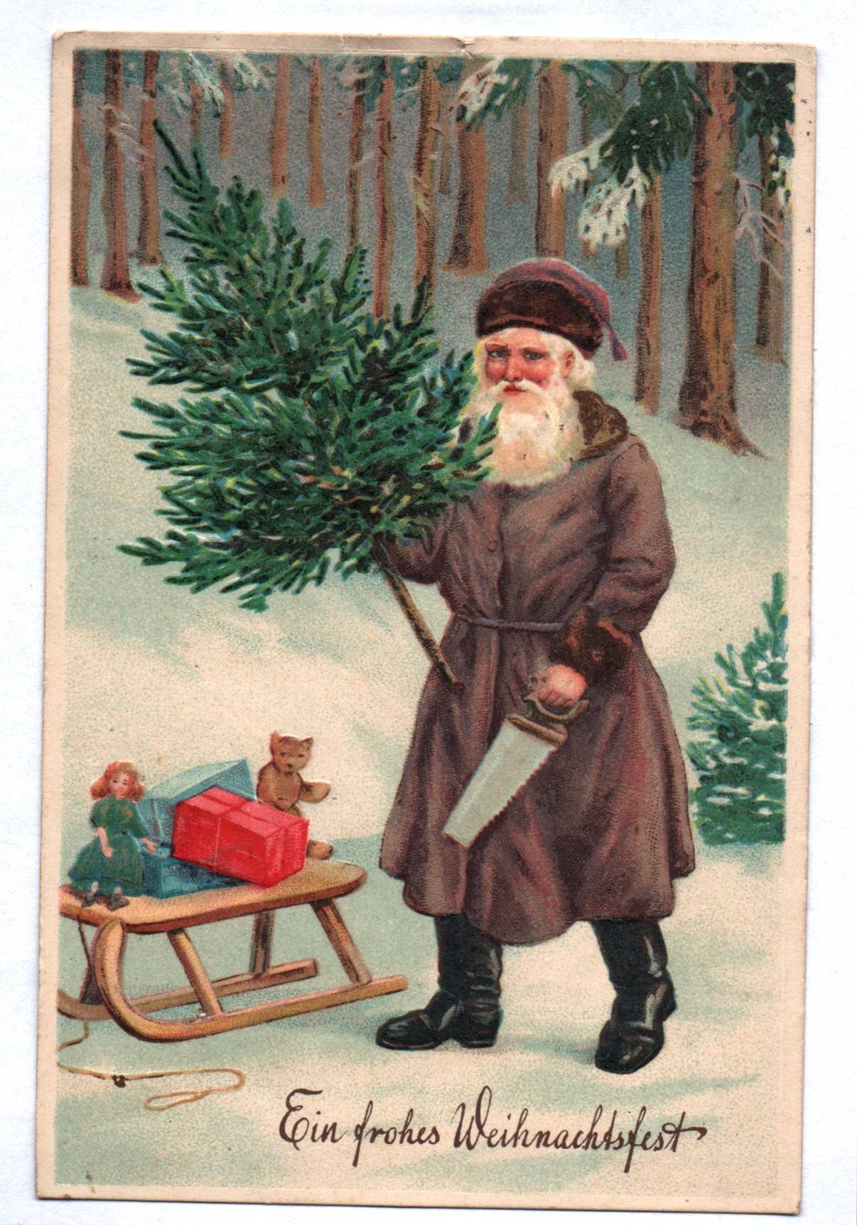 Präge Ak Weihnachtsmann sägt Tanne Ein frohes Weihnachtsfest Präge Ak Weihnachtsmann sägt Tanne Ein frohes Weihnachtsfest