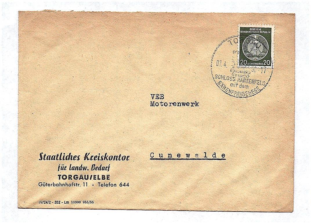 Brief Staatliches Kreiskontor Torgau an VEB Motorenwerk Cunewalde 1956