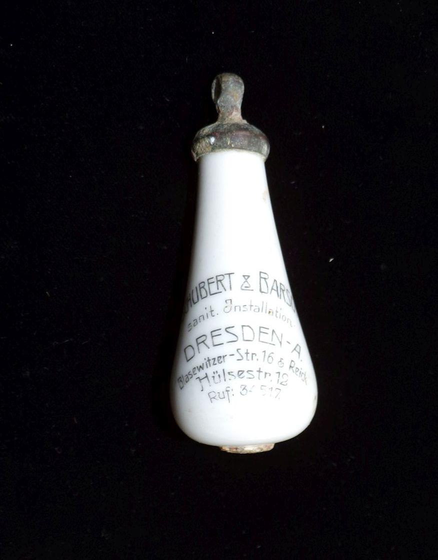 Alter WC Griff mit Reklame Schubert und Barsch Dresden um 1910 Klosett Porzellan