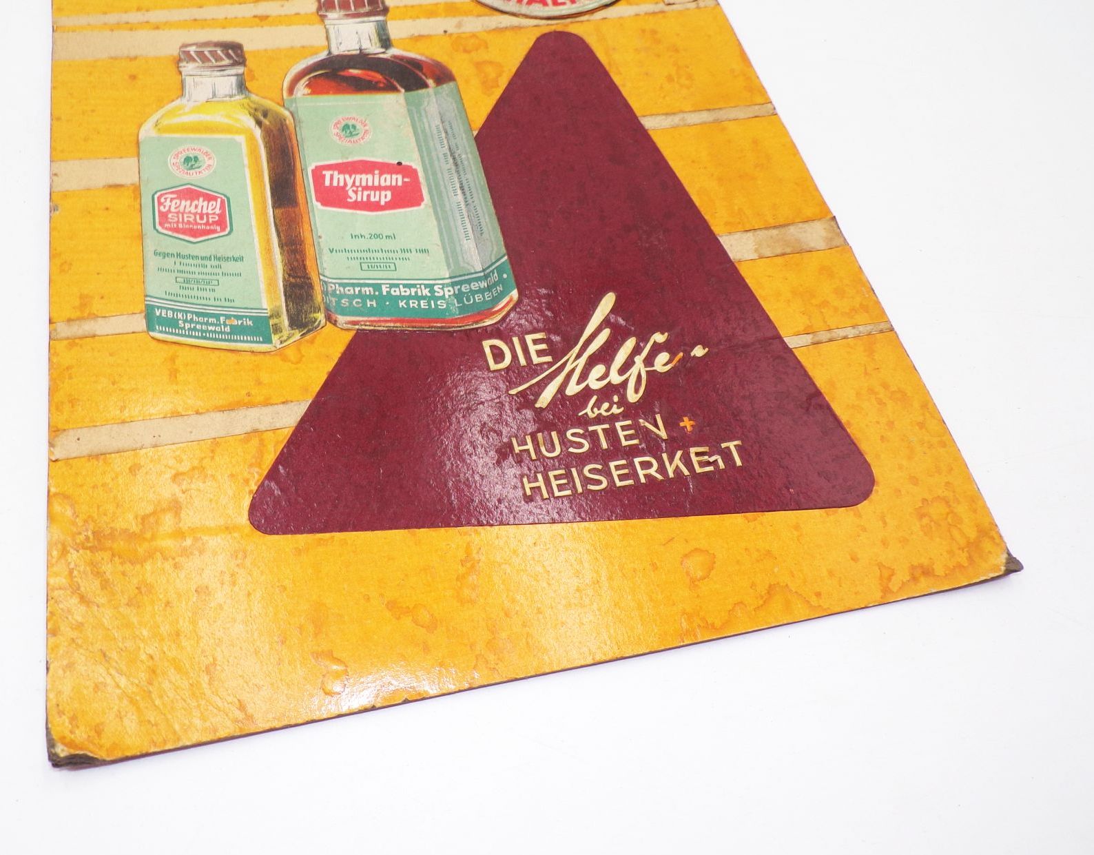 Altes Pappschild Spreewald Spezialitäten Husten Heiserkeit DDR Thymiansirup