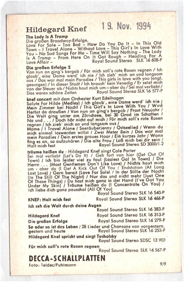 Autogrammkarte Hildegard Knef Widmung Autogramm Decca 