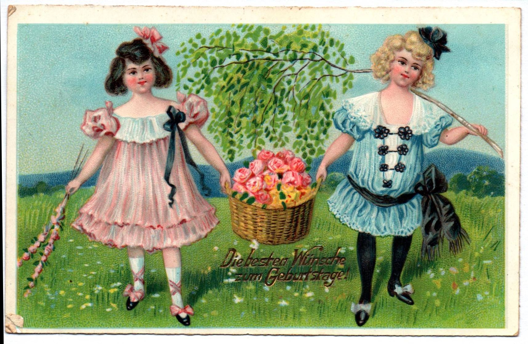 Künstler Ak Die besten Wünsche zum Geburtstage Mädchen mit Blumenkorb 1909 Künstler Ak Die besten Wünsche zum Geburtstage Mädchen mit Blumenkorb 1909