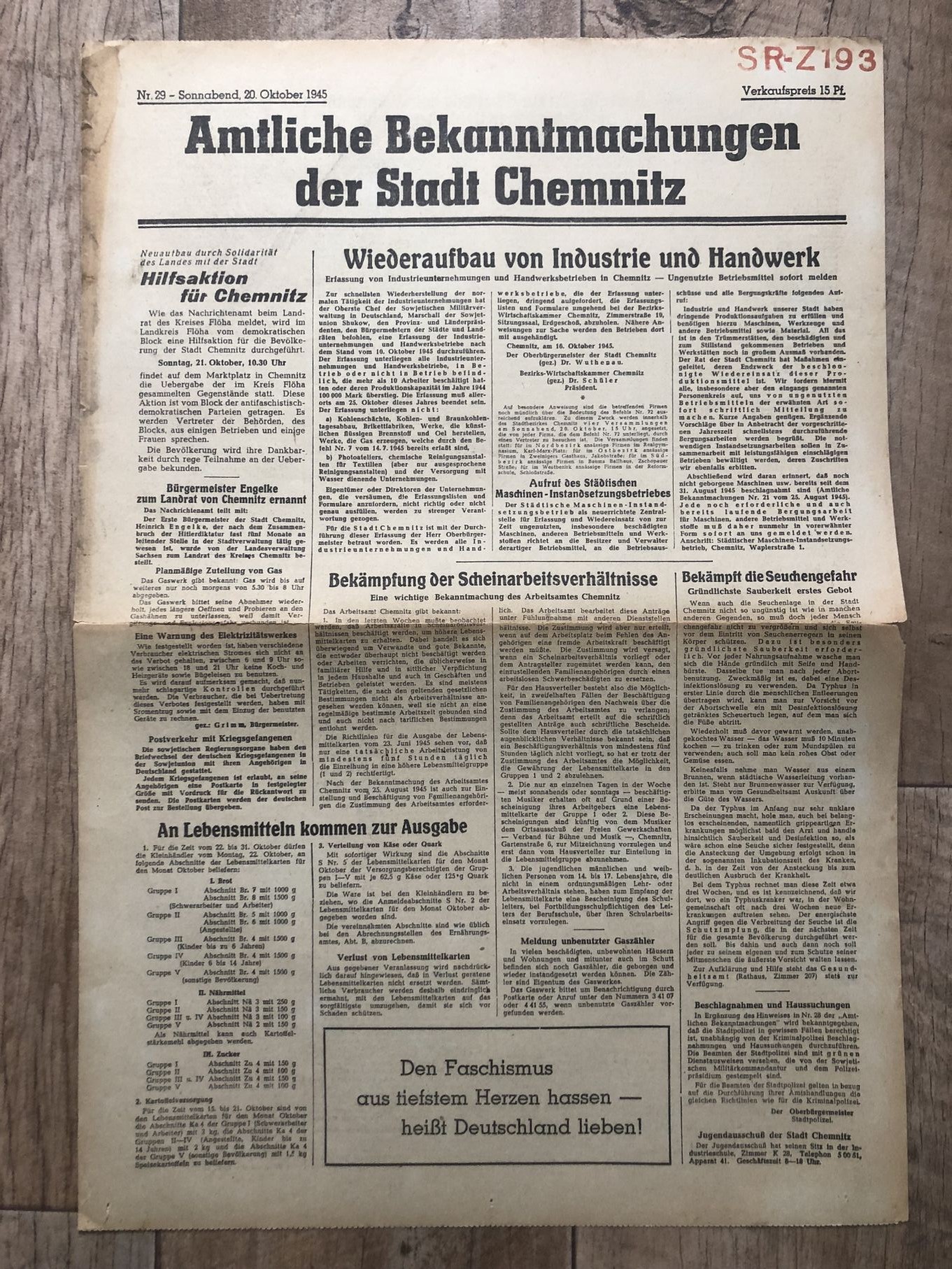 Zeitung Blatt 1945 Oktober Hilfsaktion Wiederaufbau und Industrie