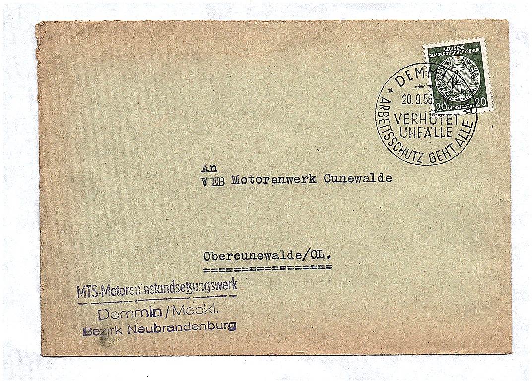 Brief 1956 MTS Motoren Instandsetzungswerk Neubrandenburg an VEB Motorenwerk Cunewalde
