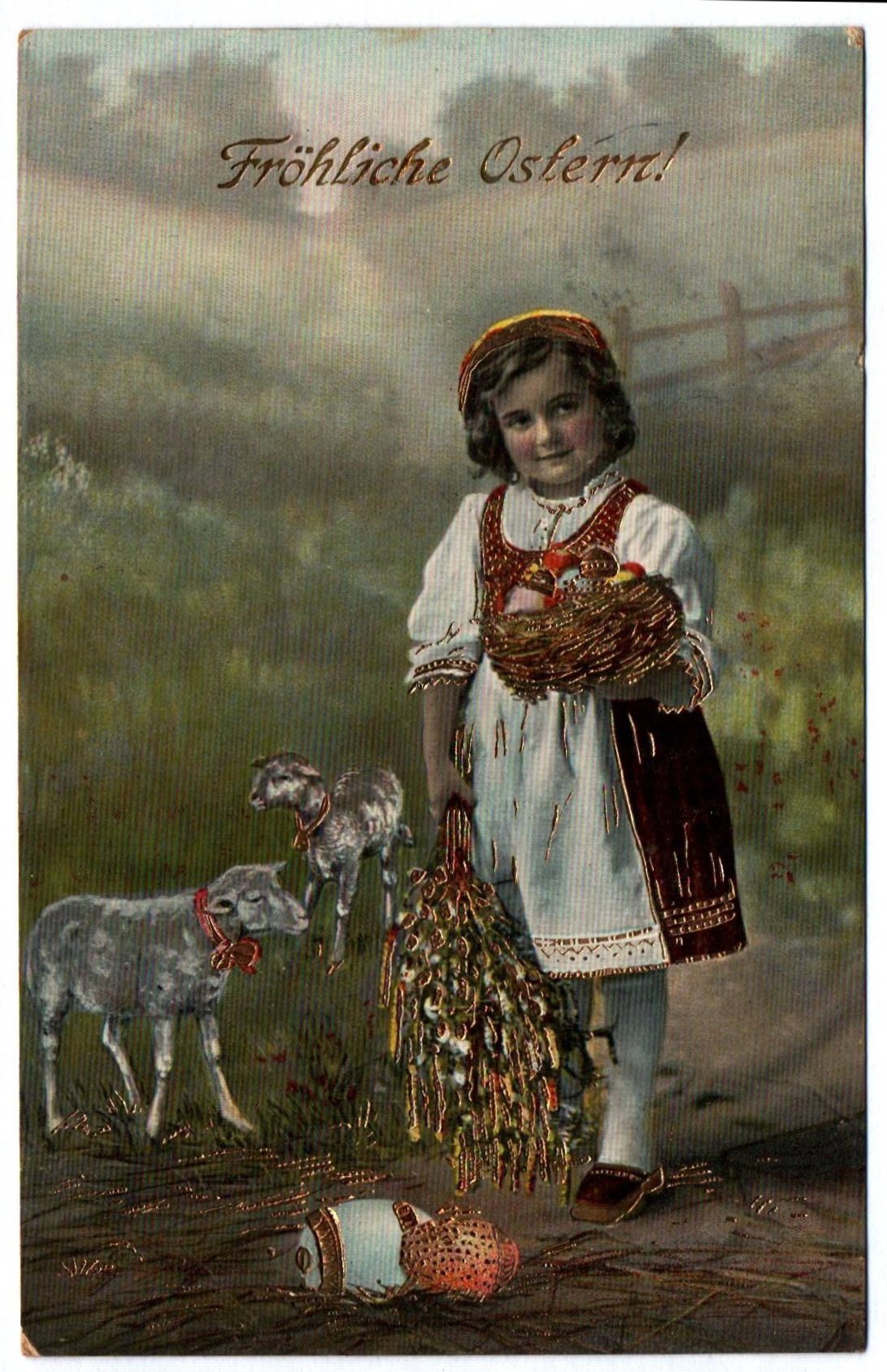 Künstler Ak Mädchen mit Zweigen und Schafen 1914