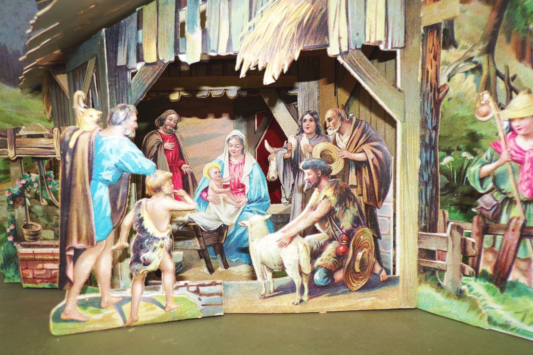 Alte Weihnachtskrippe groß Austell Krippe Papier Pop up Weihnachtsschmuck