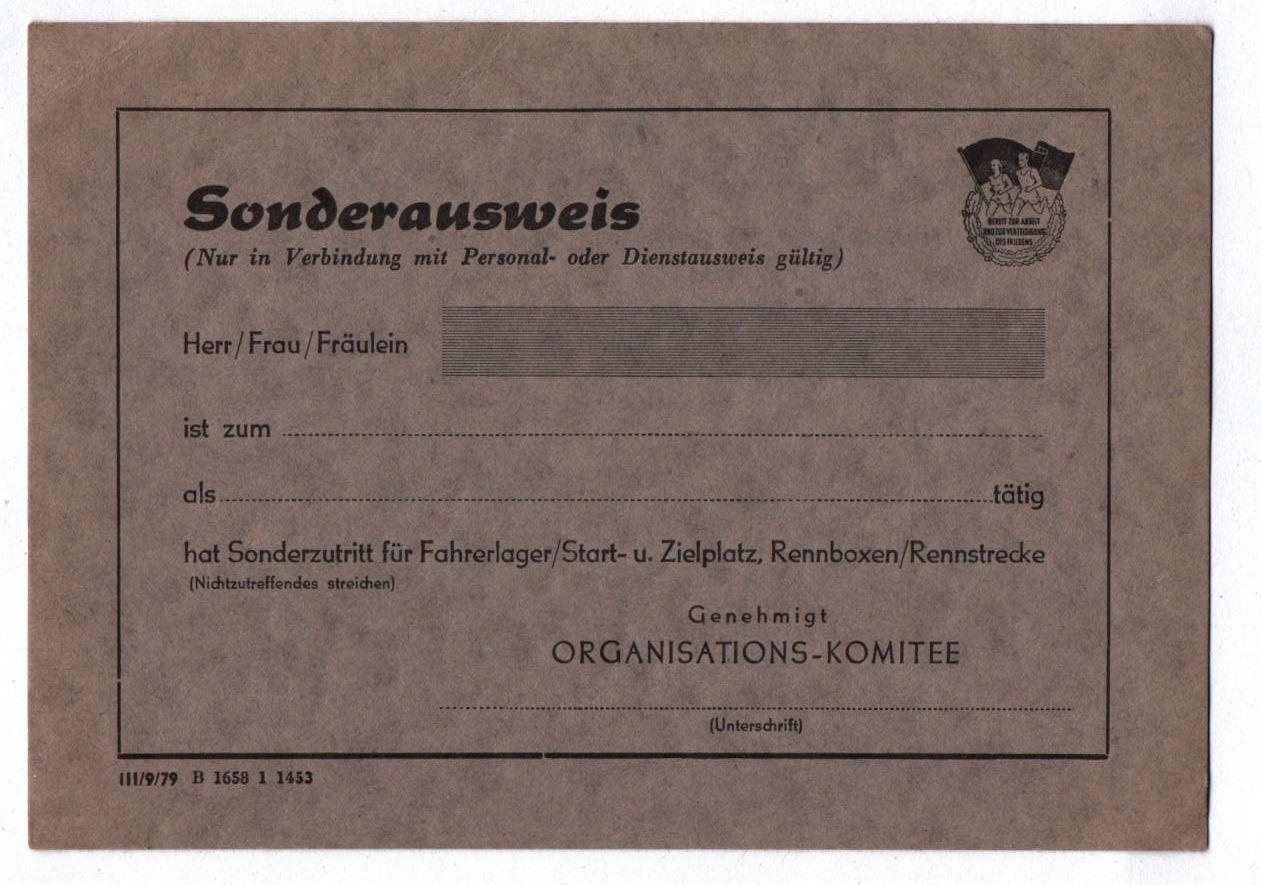 Sonderausweis Sport Organisation Komitee Fahrerlager Start Zielplatz 1979 