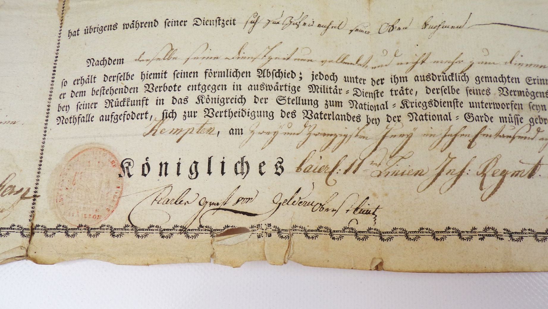 Abschied kgl Bayern Armee 11 Linien Infanterie Regiment Graf von Geldern 1814