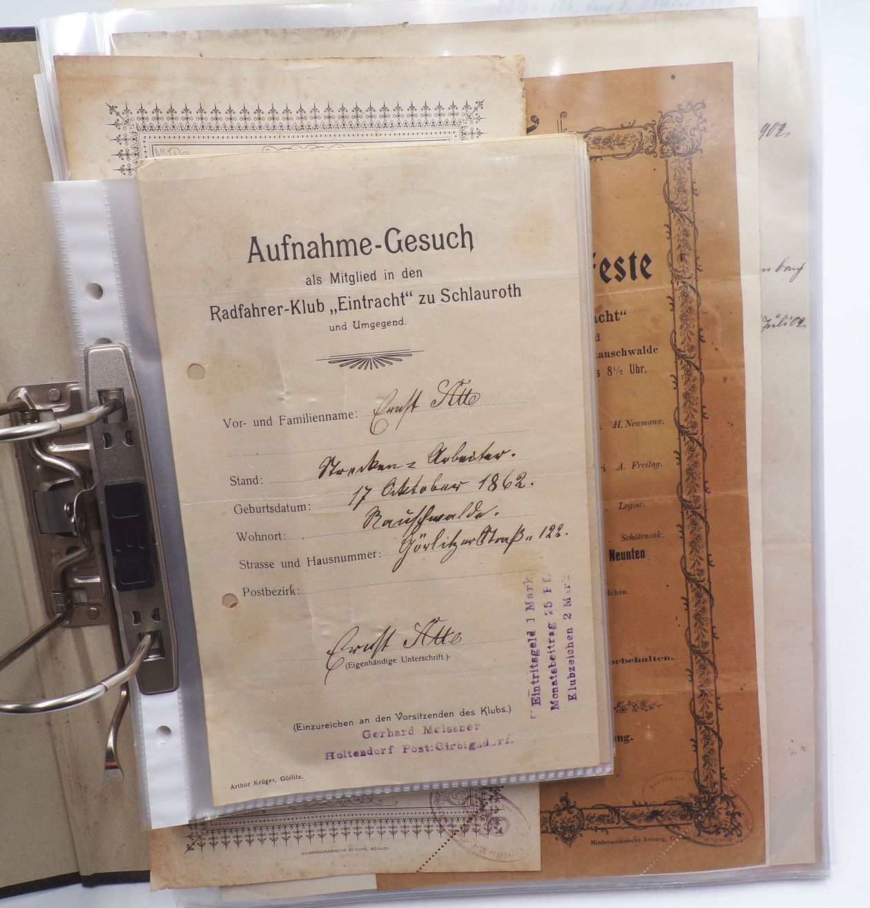 Ordner Dokumente Görlitz Schlauroth Radfahrerverein um 1900